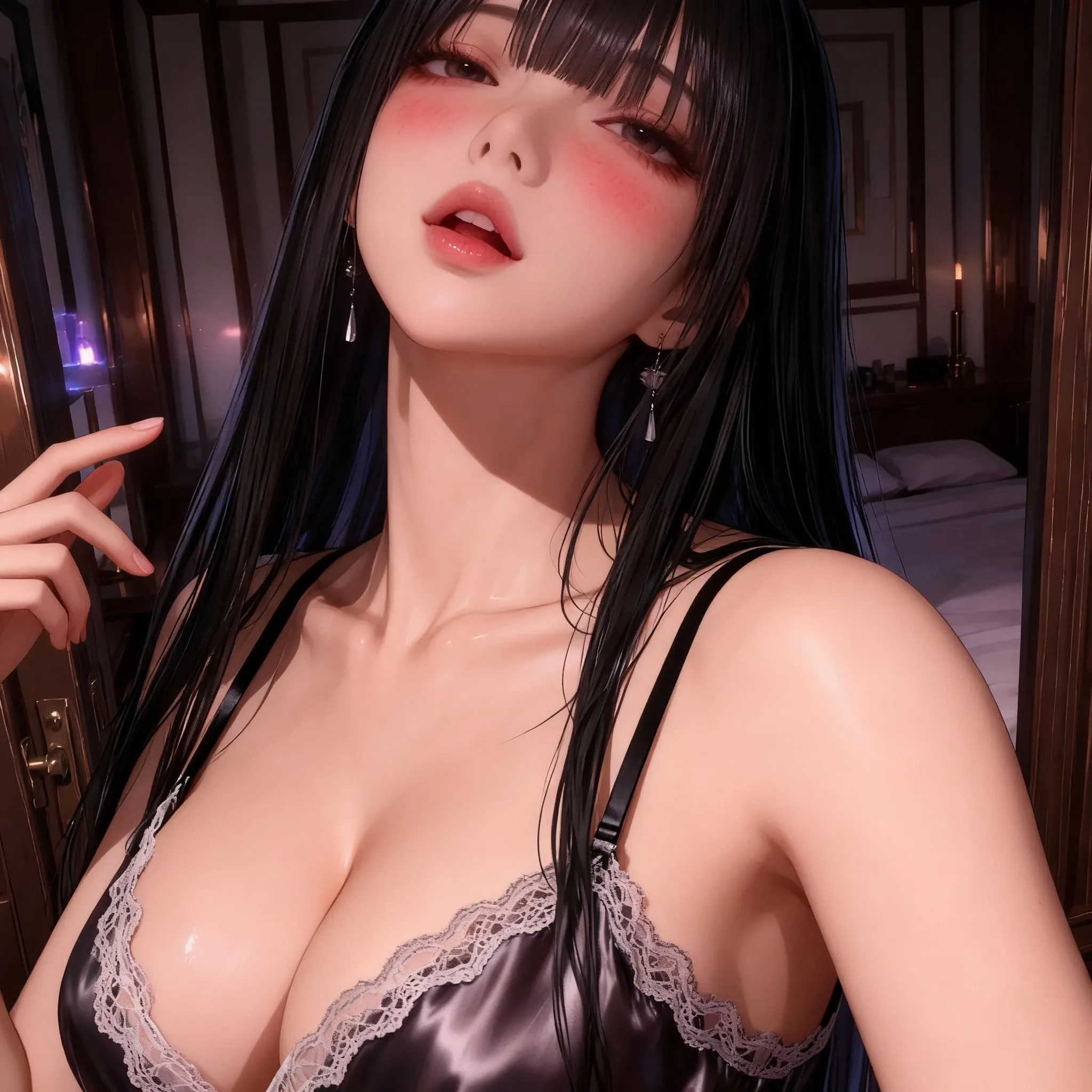 Close-up of a woman posing for a photo in a dress, Japanese goddess, huge stunning goddess shot, room, SFW,  dress,! , room, fullness,  coverage and SFW, THICC,!!, perfect body, ,,  fullness