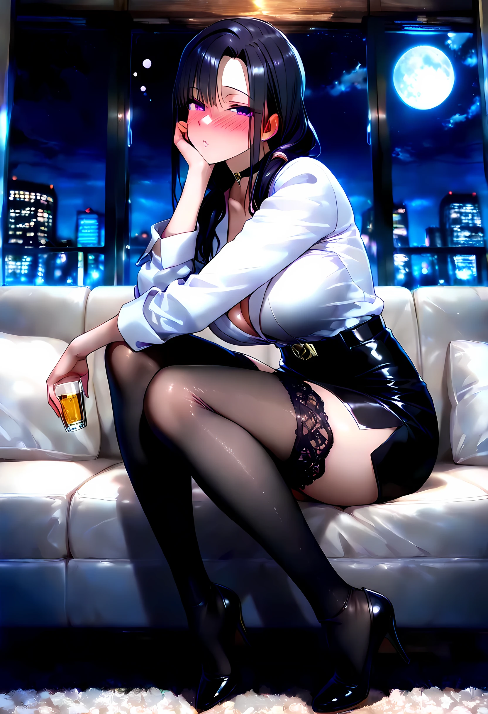 (masterpiece, best_quality:1.2), Miyajima Tsubaki, 1girl, solo, mature female, purple eyes, (White jacket, black skirt, black belt, sheer black lace stockings, black choker), beautiful eyes, female focus, Looking at viewer, Want to kiss, drunk, blush, proud, horny, collarbone, large breast, symmetrical body, ((solo)), detailed, very high resolution, no blurry image, (wide shot), beautiful, suspicious, sexy, lewd, cheating, intricate details, detailed background, indoors:1.3, attractive body, Full body, View from side, (perfect hands, perfect fingers, perfect number of hands and legs, Perfect length body, Perfect lips, Perfect eyes, Slender legs), (Luxurious office, sitting on the leather white sofa, moon, dim night, head rest)