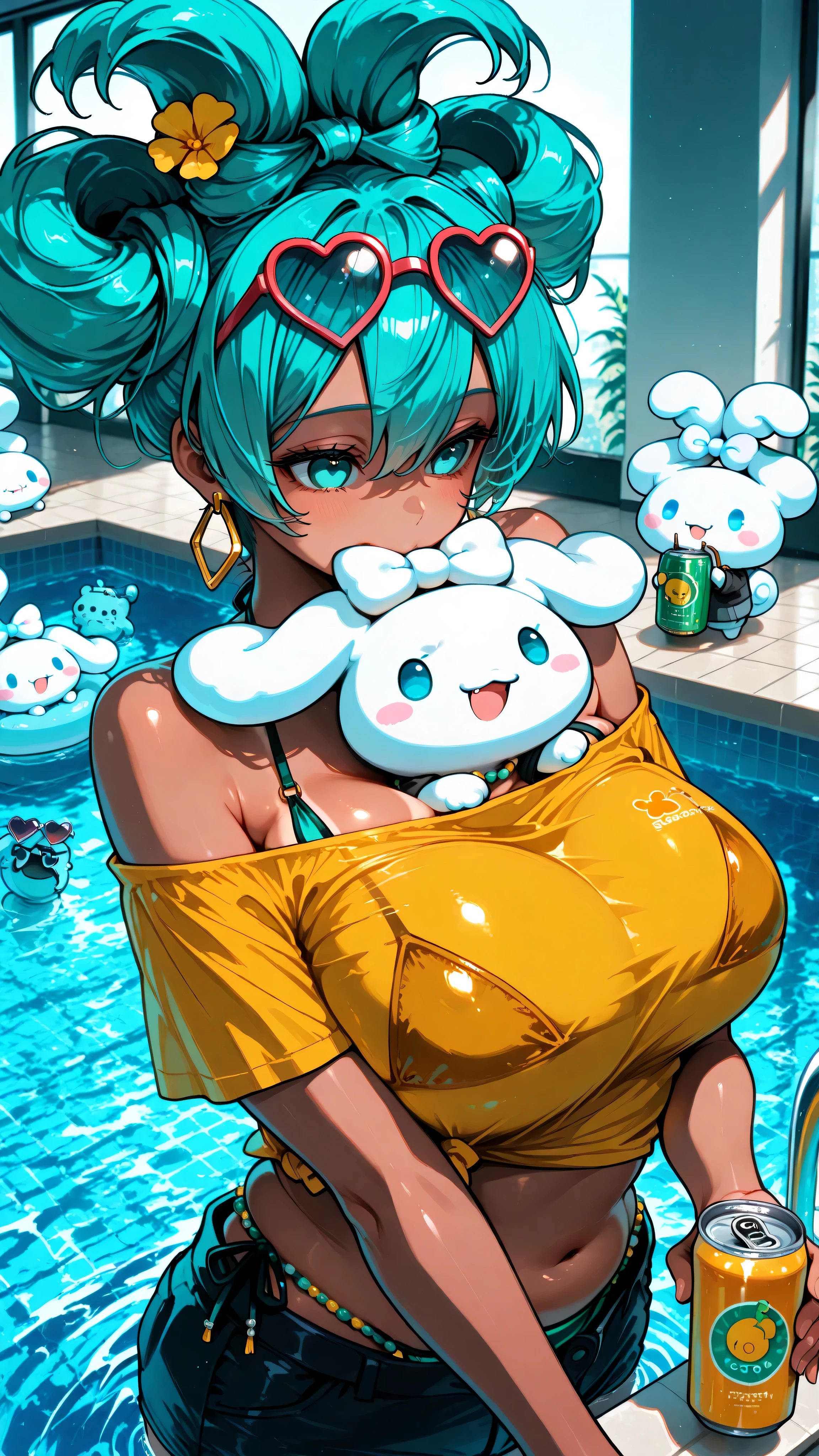 girl, Alone , fat, Permiko  , blue hair, Aqua Eyes, your,  ضفيرyour,  Flower of hair,  glasses on the head,  Heart-shaped glasses ,  Hook earrings , wives,   off-the-shoulder shirt  ,  bikini under clothes, yellow top,   micro  , waist beads, while carrying an off shoulder shirt ,  curve, big breasts, swimming pool bottom, jiggle as a result of_9, jiggle as a result of_8_above, jiggle as a result of_7_above, jiggle as a result of_6_above,   embracing,1 (cinnamorol,   ears tied  , , 1Last, creature:1.2), Cinnamon , cinnamorol, blue eyes, 