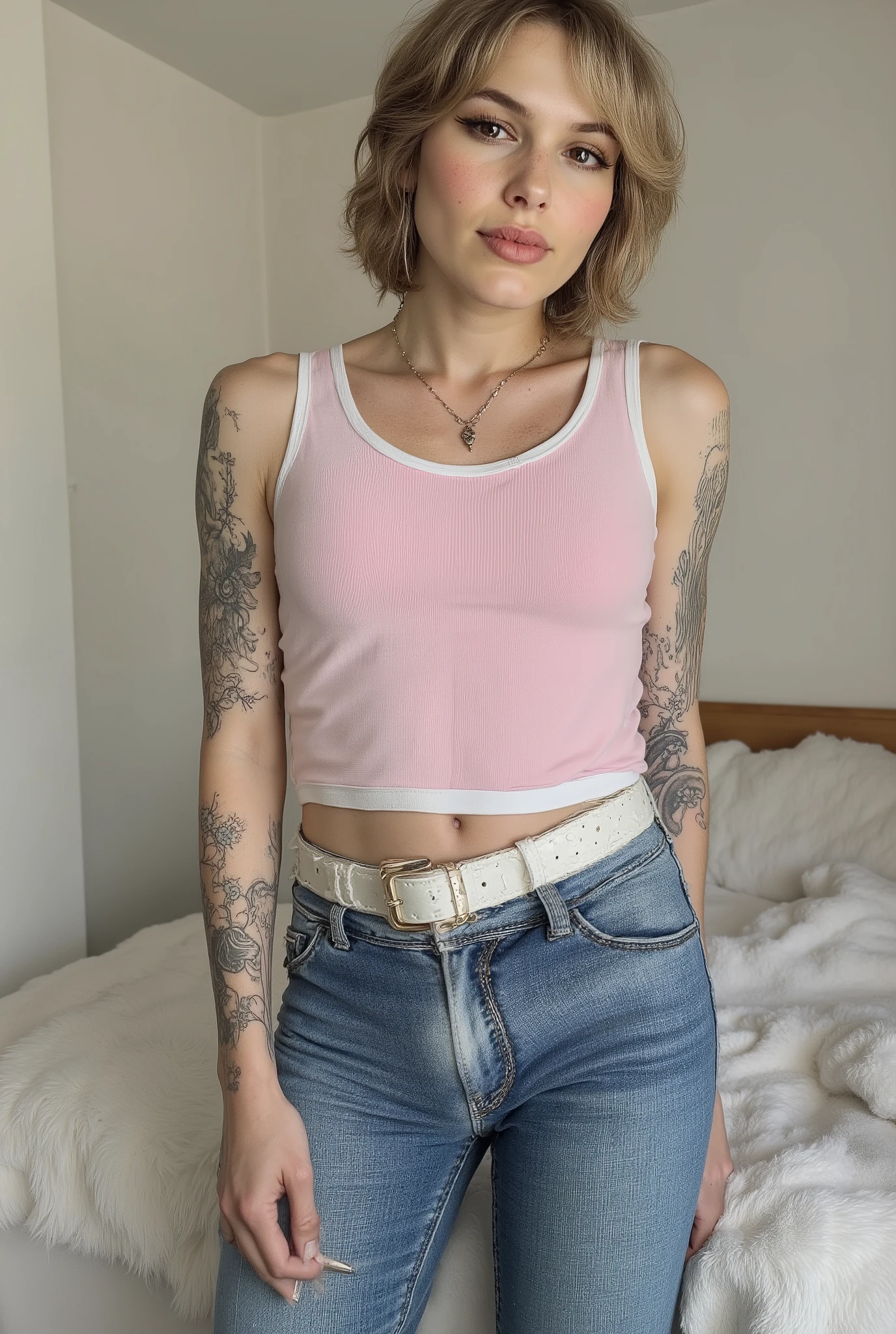tight fitting,Revealing the outlines of an  penis,young cute skinny femboy, full body shot, white european, androgynous, crossdressing, slender petite build, flat , narrow , smooth light skin, no body hair, soft facial features, winged eyeliner, submissive devote expression, alluring, short tousled bob hairstyle, casual hair across forehead, pastel tank top with white trims, slightly cropped to reveal hint of midriff, tight jeans worn with white belt with hole rivets, denim is skinny on the legs, tattoos on arms and shoulders, necklaces, feminine outfit on male body, slender legs, androgynous aesthetic, realistic, detailed, posing in an alluring standing pose, in a fluffy bedroom