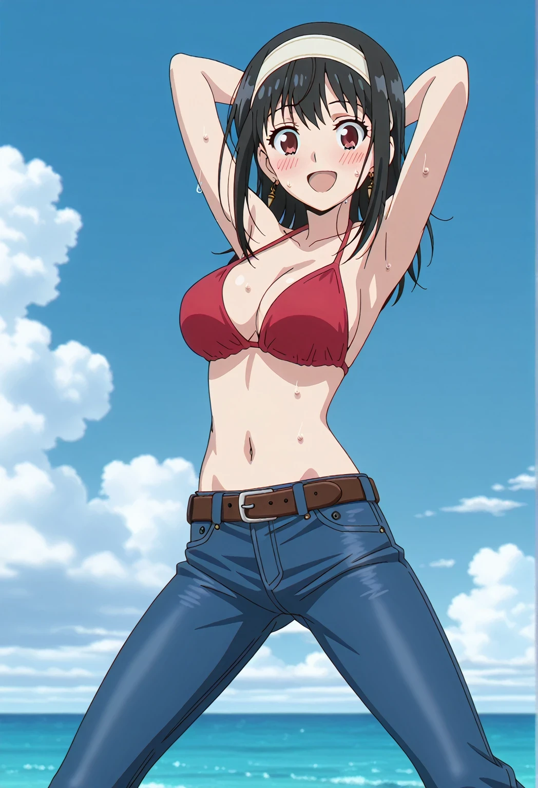 score_9, score_8_up, score_7_up, source_anime, highres, hi res, ((best quality, top quality, perfect quality, Highest Quality, amazing quality)), {{masterpiece}}, {{an extremely delicate and beautiful}}, 2d, intricate details, official style, anime, 8k, anime style, official_anime, official art, digital painting, cell shading, soft shading, high resolution, soothing tones, Subdued Color, Soft cinematic light, adobe lightroom, photolab, HDR, intricately and hyper-detailed, ((high quality animation)), 1 girl, Alone, solo, ((ocean)), tsunami, on the water, day, sunny, outdoors, sky, windy, yor forger, mature, white hairband, earrings, jewelry, sidelocks, anime screencap, , red  top, best quality, belt, brown belt, hyper-detailed jeans, ((blue jeans:1.9)), (dark blue jeans:0.6), full medium body, medium shot, Open mouth, smiling, happy face, blush, sweat, standing, ((arms behind head:6.0)), bowlegged, sliding pose, action, looking at viewer, , Bend knees slightly, straight-on front view