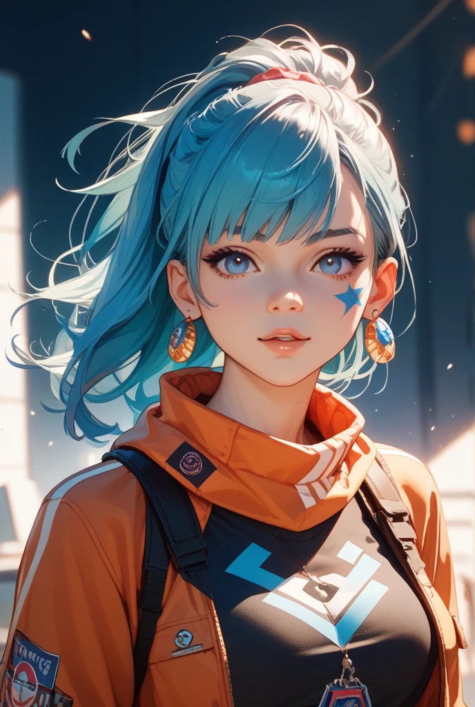 realistic anime style digital art of an 18 year old girl, bright light blue eyes, light brown hair, black skirt,  legs, black polo shirt, brown leather jacket, looking up, 120 degree angle, using gamer headset, space scenery, floating in space, various other details, 16k ultra HD vivid colors masterpiece ultra cinematic resolution
