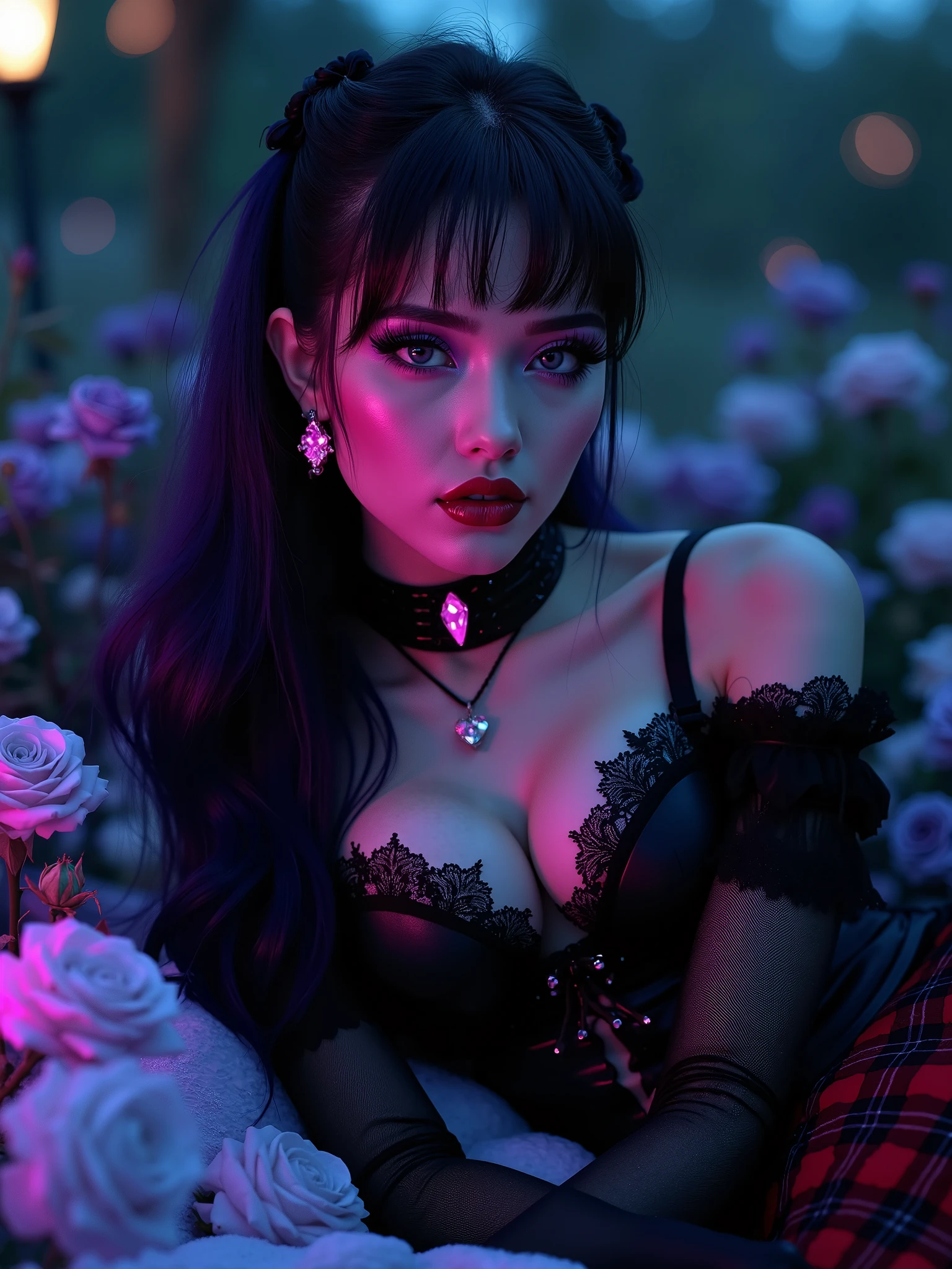 A beautiful 21-year-old woman, Gothic style, punk style, opened glossy lips, skinny young body, firm fake round breasts, opened glossy lips. Anatomically correct, fur,  with her black eyes ,  with long eyelashes, with makeup on the purple eyelids looking directly at the camera, thick lips, mischievous smile with purple lipsnails are neon pink, makeup is post-punk, her hair is straight loose in a degraded purple color, that her hair is long and that reaches the waist, has a punk gothic necklace around his neck made of black leather with a pink heart-shaped neon diamond in the center, in the ear and Right who has pink diamond earrings Neon, that has a black Victorian-style Gothic corset for women with a sweetheart neckline, with black lace sleeves,  vintage-style tunic, Gothic style, punk style, with a red and black plaid miniskirt and the lower part of the skirt is pulled up, with beautiful legs that have black lace and mesh tights with leather harness and vintage black garter belt, high punk gothic boots for women in black, that the woman is lying in a sexy way in a garden full of roses blues, purple, white, all this with a background of a beautiful night under the moonlight, all images that are of ultra high resolution and of the best quality, extremely detailed, with hyper-detailed makeup, realism, femme fatale full body, adult content, 8K, masterpiece, ultra detailed, Gothic art. intense sultry eye contact, dark winged eyeliner, reaslistic skin texture.photorrealistic. seductive glossy cherry red lips. dark glossy goth makeup. facing the viewer. looking with lust into the viewers eyes. horny face expression. firm fake round breasts. choker. sitting upright with legs spread on her bed, thigh gap, legs spread, worshipping her master, manspreading, hands behind back, hands not visible,feet obscured and not visible