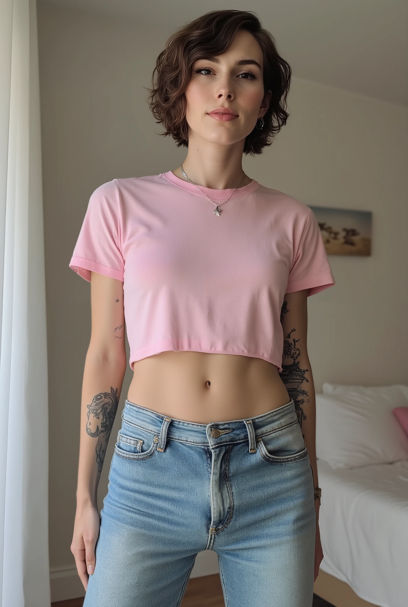 tight fitting,Revealing the outlines of an  penis,young cute skinny femboy, full body shot, white european, androgynous, crossdressing, slender petite build, flat , narrow , smooth light skin, no body hair, soft facial features, bold winged eyeliner, submissive devote expression, alluring, short tousled bob hairstyle, casual hair across forehead, pink cropped loose boxy t-shirt made of thin fabric worn on flat male , slightly cropped to reveal midriff and hip bones, tight jeans, denim is skinny on the legs, tattoos on arms and shoulders, necklaces, feminine outfit on male body, slender legs, androgynous aesthetic, realistic, detailed, submissive pose, in a cozy fluffy bedroom, high camera angle