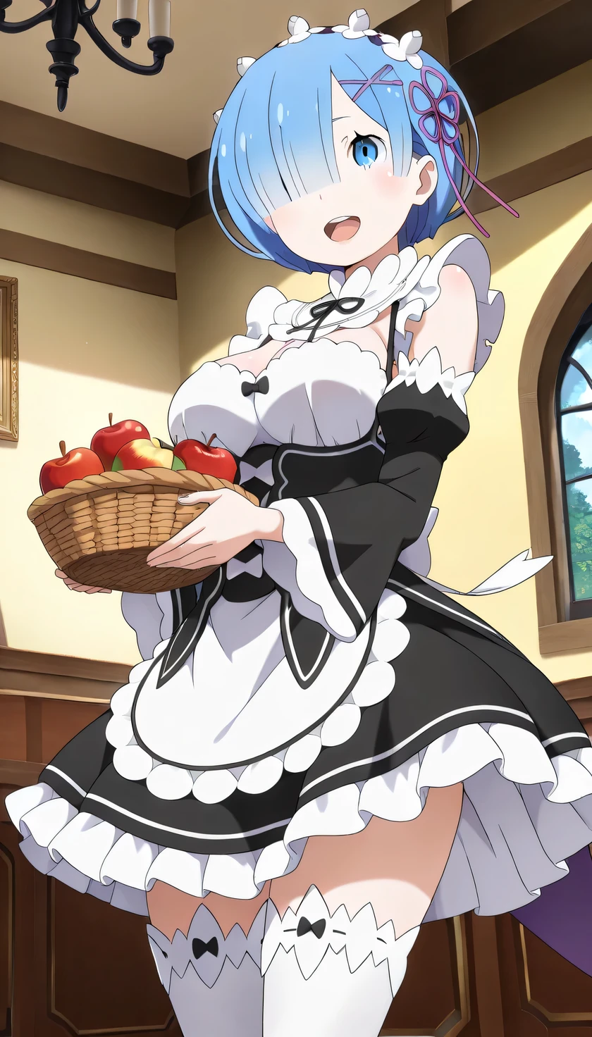 {{{masterpiece}}}, (best quality:1.5), (ultra-detailed:1.5), {illustration}, {{an extremely delicate and beautiful}}, (beautiful detailed eyes:1.2), absurdres, highres, extremely detailed face, 16k, hd, visual anime de uma jovem mulher, extremamente bonito rosto de anime, anime melhor garota, (perfect hands, perfect anatomy), anime face, rem (re:zero), 1girl, solo, cute face, blue hair, short hair, hair over one eye, blue eyes, hair ornament, x hair ornament, flushed cheeks, big breasts, thin waist, big hips, curvaceous, BREAK, maid, {roswaal mansion maid uniform}, detached sleeves, black sleeves, black ribbon, white thighhighs, apron, black skirt, maid shoes, thighs, zettai ryouiki, BREAK, cute face, open mouth, smiling, standing, apple in basket, have a basket, dutch angle, indoors, roswaal mansion