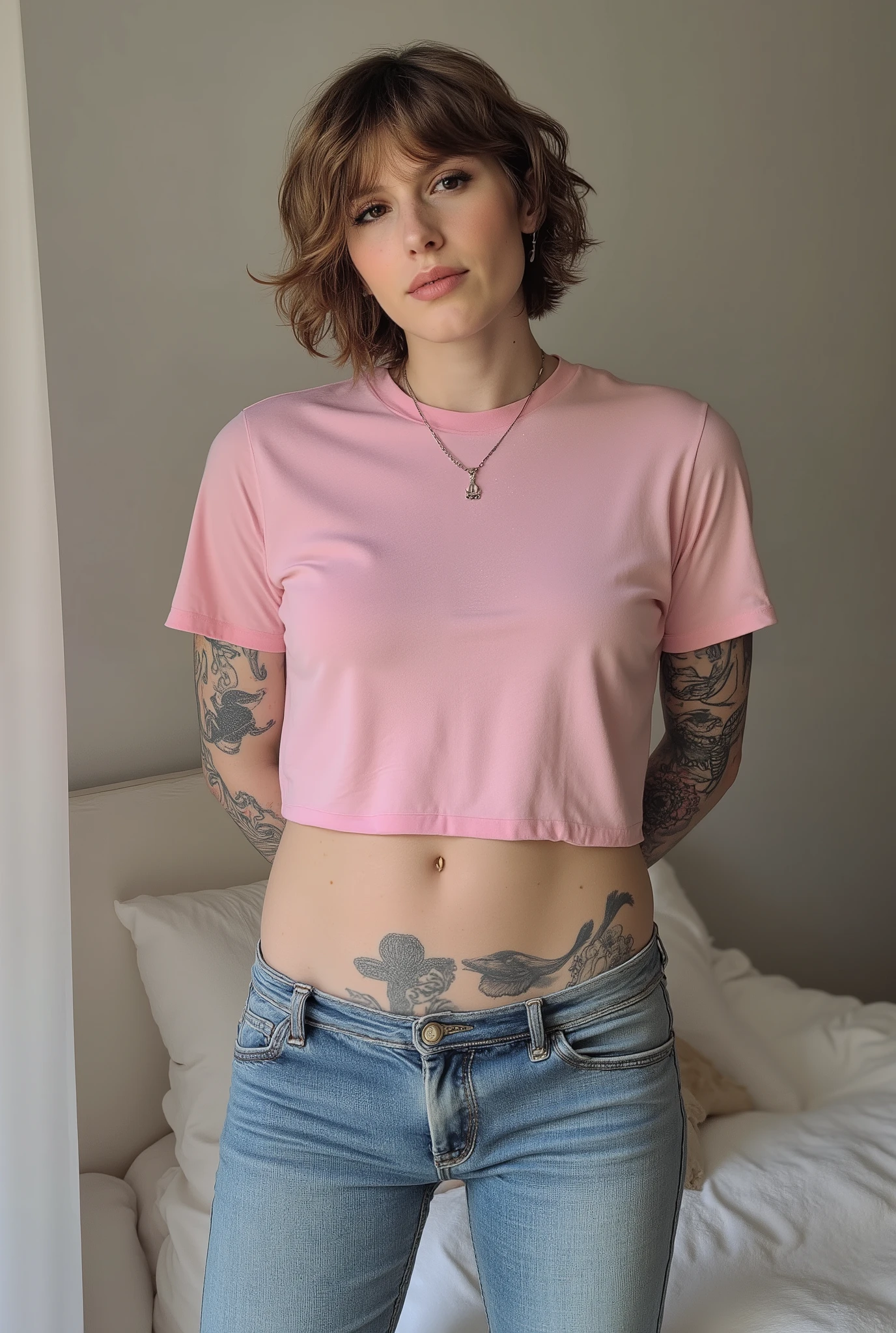 tight fitting,Revealing the outlines of an  penis,young cute skinny femboy, full body shot, white european, androgynous, crossdressing, slender petite build, flat , narrow , smooth light skin, no body hair, soft facial features, bold winged eyeliner, submissive devote expression, alluring, short tousled bob hairstyle, casual hair across forehead, pink cropped loose boxy t-shirt made of thin fabric worn on flat male , slightly cropped to reveal midriff and hip bones, tight jeans, denim is skinny on the legs, tattoos on arms and shoulders, necklaces, feminine outfit on male body, slender legs, androgynous aesthetic, realistic, detailed, submissive pose, in a cozy fluffy bedroom, high camera angle