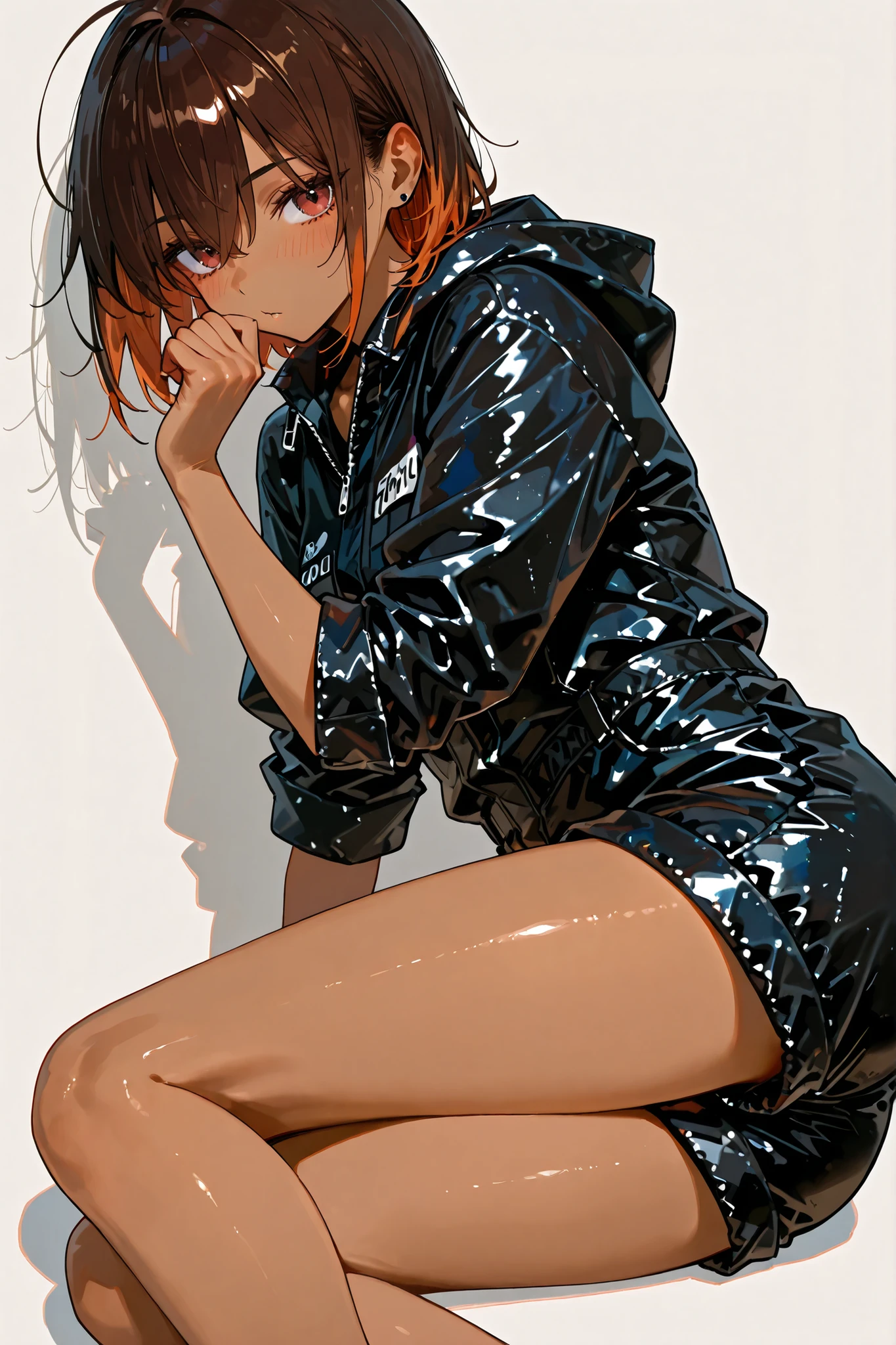 black jumpsuit。Brown skin。half off。It's rolled up。Tall。