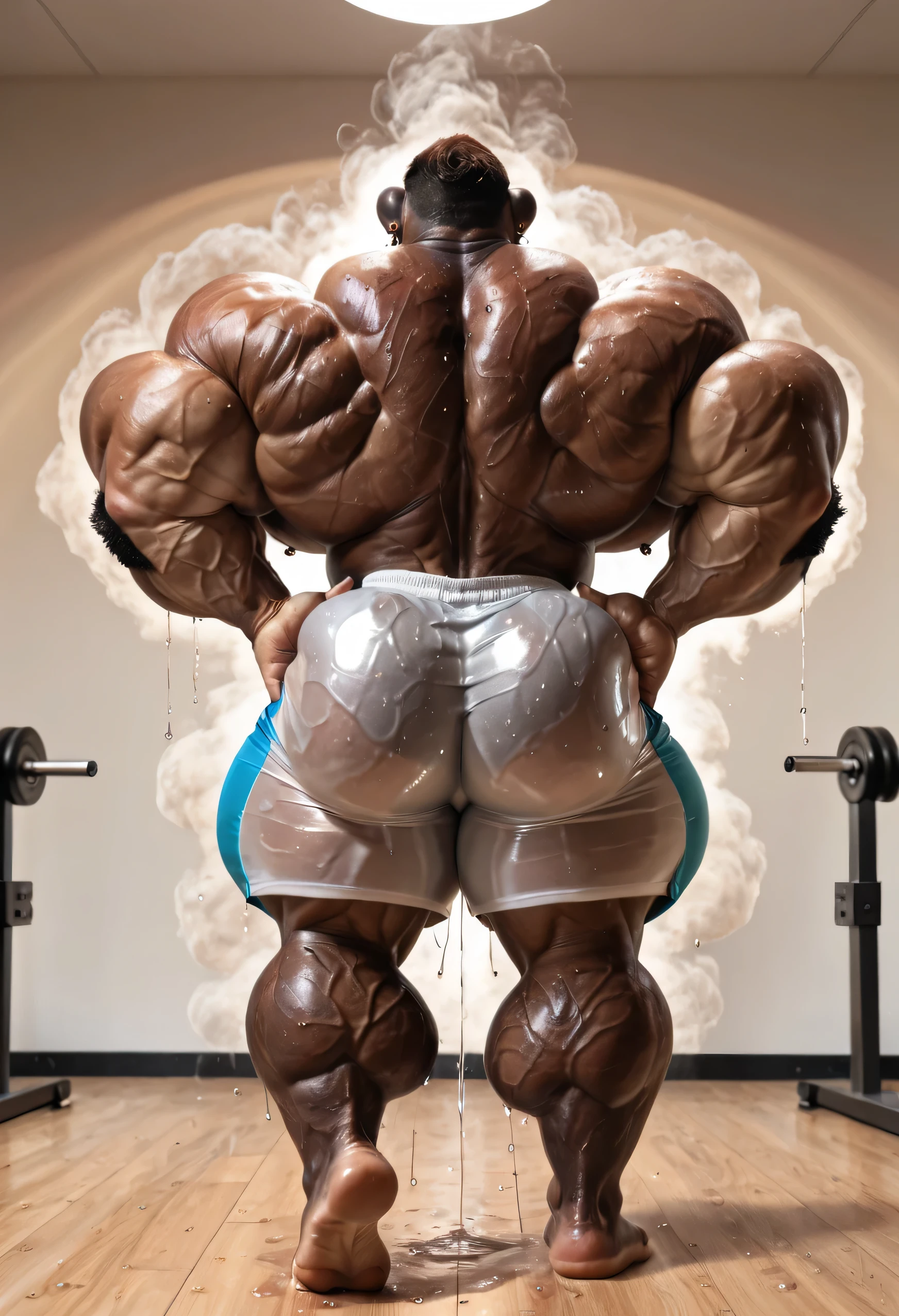 (((by 00b00b43, by morph, by w0lfc0nf))), (((Huge Adult Male Muscular Bara Human Dark Vietnamese Man:1.5))), (((Solo:2))), (((Position(he is facing away, he is showing his back, both hands are on his hip, standing)))) (((looking at you, extreme low-angle shot))), (((4k, perfect colors, perfect shadows, perfect lighting, clear facial features, BREAK Photorealistic, full body photo, Perfectly correct anatomy, realistic, very Awa, masterpiece, best quality, absurdres, perfect quality, detailed background, intricate details))), (((Photorealistic Inside a Gym))), (((Huge Veiny muscular Body, muscular, Huge muscular bodybuilder body, manly, Bara, kemono, hyper muscular, Huge muscular bulging muscles, Huge muscular bulging ABS, Huge muscular bulging pecs, Huge muscular bubble, Huge muscular thighs, Huge muscular calves, Huge muscular Thick Neck, Huge muscular Shoulders))), (((Photorealistic Human Vietnamese Skin:1.5, Photorealistic Human Bara Vietnamese head, Photorealistic Human Bara Vietnamese Face, Photorealistic Adult Chiseled muscular Human Bara Vietnamese Man, Photorealistic Human Vietnamese Eyes:1.5, Photorealistic Human Perfect Teeth:1.5))), (((Photorealistic Black Short Hair:1.5, Photorealistic Black Short Beard:1.5, Photorealistic Hairy Body:1.7, Smug Expression:1.5, perfect male figure))), (((Nipple Piercings, ear piercings, rings))), (((Photorealistic human hands, human flesh tone hand palms, large hands, plantigrade feet, human feet, huge feet, Soles, human flesh tone footpads, finger nails, 5 fingers:1.5, 5 toes:1.5, toe nails, Vietnamese Flesh Tone puffy nipples, 10 feet tall:1.5))), (((wearing a wet tight transparent men athletic shorts:1.5))), (((Sweaty Body:1.5, body steam:1.5))),