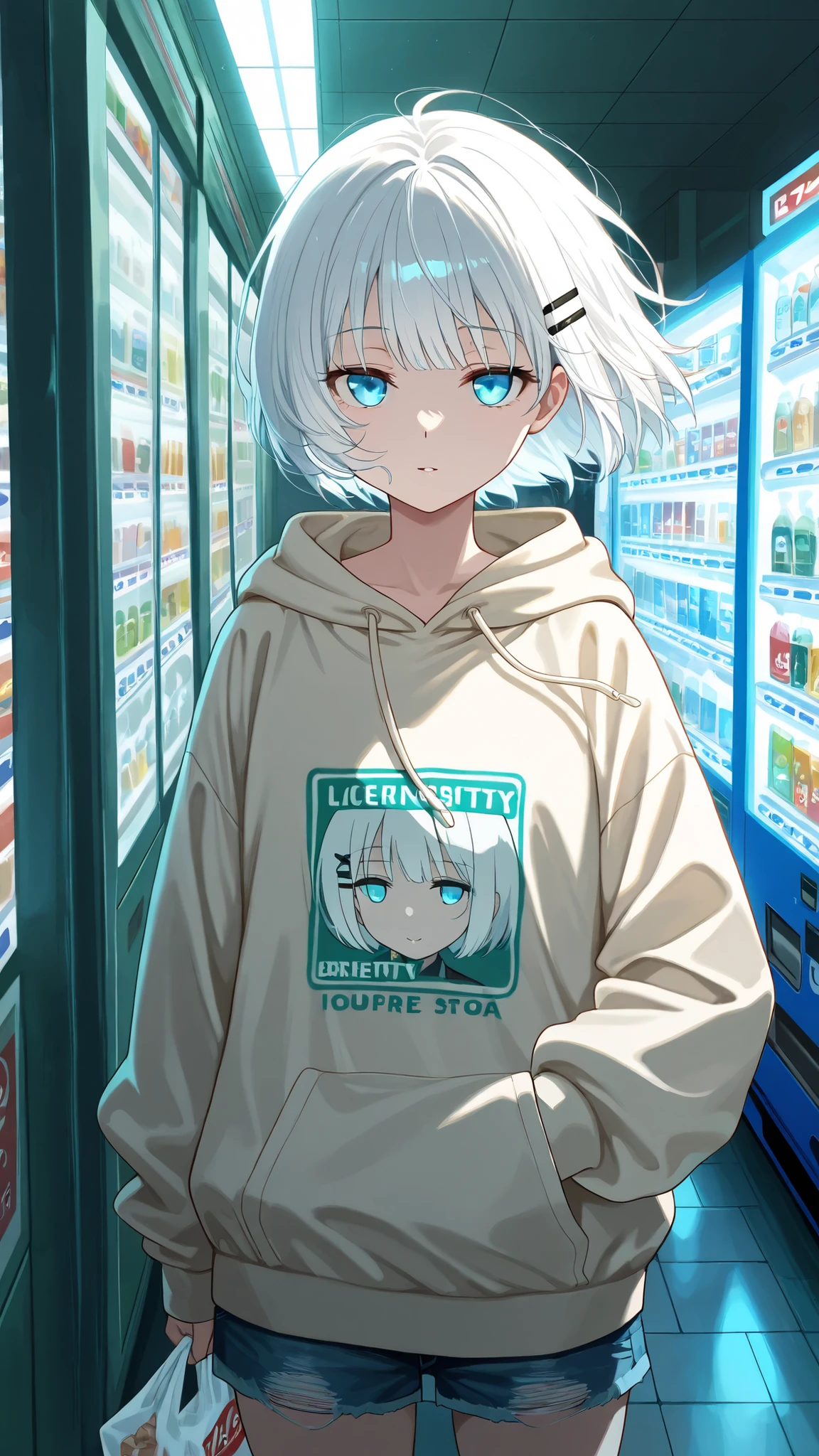 BREAK (masterpiece:1.2),Anime-style Japanese convenience store at night, fluorescent lights glowing inside, vending machines standing near the entrance, soft reflections on the pavement. Quiet street around, simple and cozy atmosphere, highly detailed illustration,siesta, short hair, bangs, blue eyes, hair ornament, white hair, hairclip,oversized hoodie with cute print, denim shorts,soft messy hair glowing under fluorescent lights, holding a small convenience store bag, casual and pretty,looking at viewer,portrait shot,portarit,face close-up,wide-angel,seductive expression,seductive pose,floating hair,