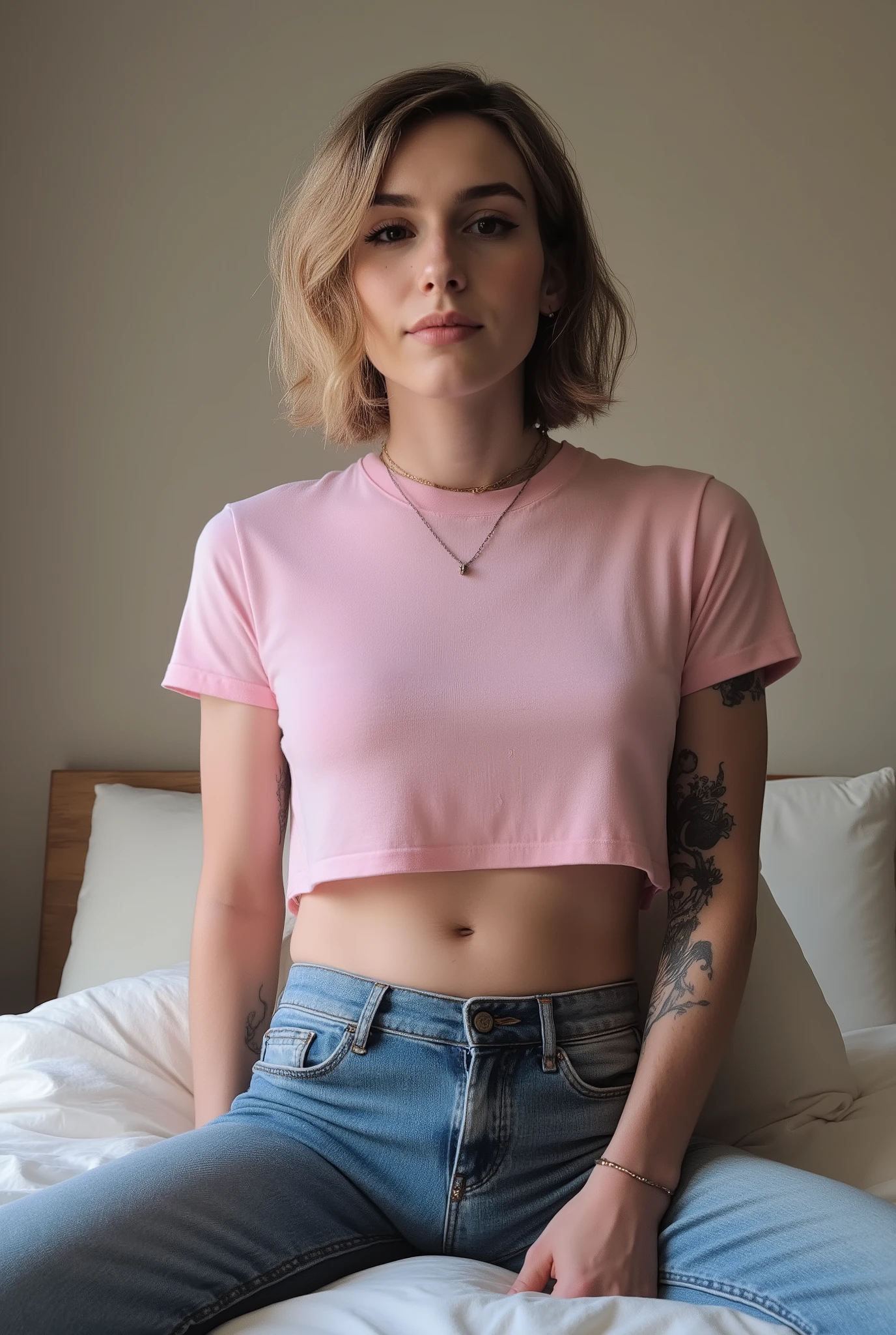   bulge,young cute skinny femboy, full body shot, white european, androgynous, crossdressing, slender petite build, flat , narrow , smooth light skin, no body hair, soft facial features, bold winged eyeliner, submissive devote expression, alluring, short tousled bob hairstyle, casual hair across forehead, pink cropped loose boxy t-shirt made of thin fabric worn on flat male , slightly cropped to reveal midriff and hip bones, tight jeans, denim is skinny on the legs, tattoos on arms and shoulders, necklaces, feminine outfit on male body, slender legs, androgynous aesthetic, realistic, detailed, submissive pose, in a cozy fluffy bedroom, high camera angle
