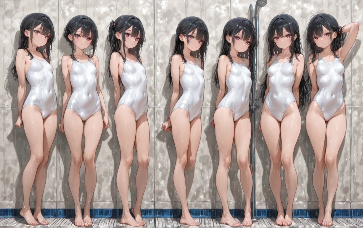 1 girl, 巨作, Best Quality, Detailed eyes, Sparkling eyes, Beautiful hands, Highly detailed hands, straight hands, Shiny skin, Shiny hair, Straight hair, Full body, black and red ??????, standing, ????, Wet, Flat ?????, small and beautiful hard ????, perky ????, ?????????, Transparent, beach, night