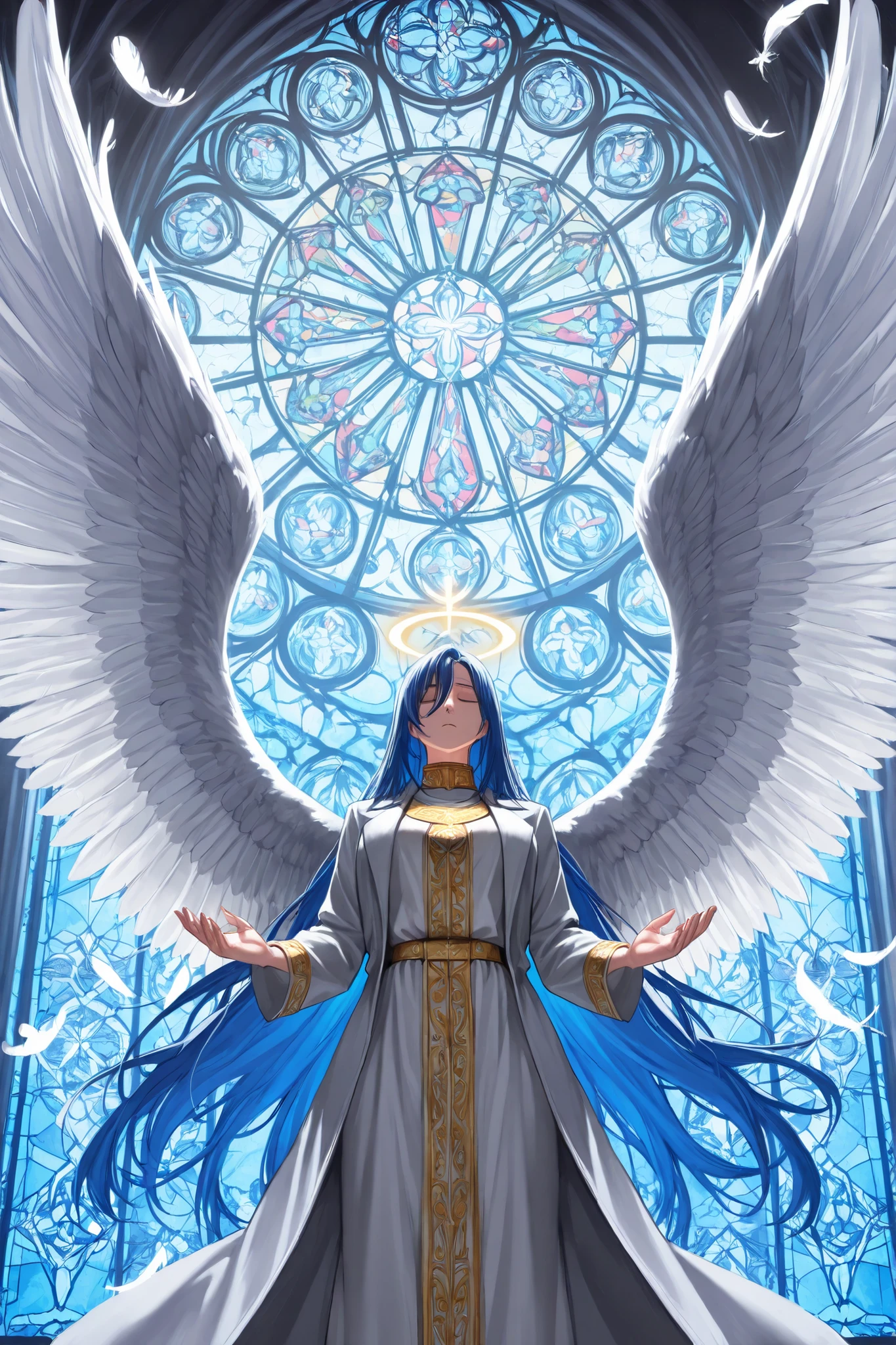 masterpiece, prayer to God , angel wings spread wide, meditation, Dramatic side angles, background should be finished in a stained glass style, 1 girl, full of dynamism, long coat based on blue, Feathers shining from the wings, Dignified, The wings should be large and the,Traditional,