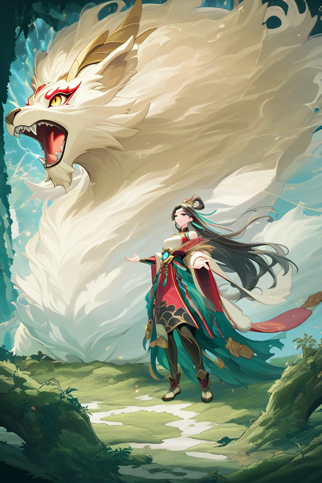An ancient Chinese female warrior is fighting a beast in the wilderness, beautiful and delicate face, gorgeous costumes, Mio Hirano's style, realistic details, comprehensive vision, powerful and touching picture, masterpiece, top quality, high resolution