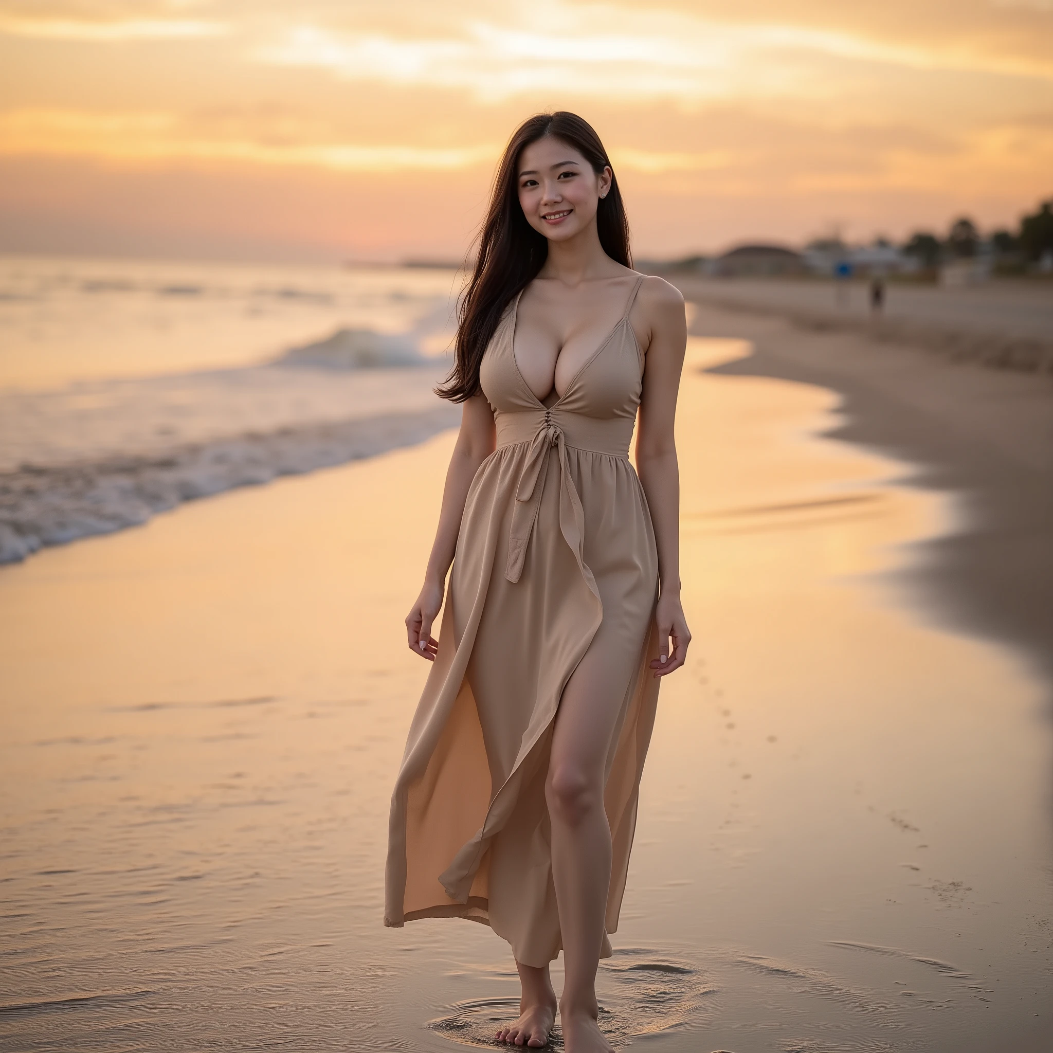 『1 Japanese Girl:1 . 3』『Original photo:1 . 3』『Real pictures:1 . 3』Highest Quality:1 . 2、((big boobs))、 I can see a little cleavage 、((A young woman aged 20))、『Japanese girl in tennis pants:1 . 9』、(((Anatomically Correct、perfect anatomy、Anatomically Correct指)))、slender body 、  Visible  、 Highest Quality 、 ultra high res 、 Original photo 、 (Curvy Body)、Full Body 、 idol-like expression and smile 、 evening 、 I'm walking on the beach with a beautiful sunset 、 I'm wearing a long beige dress 、 I'm walking barefoot on the beach 、 I have my sandals off
