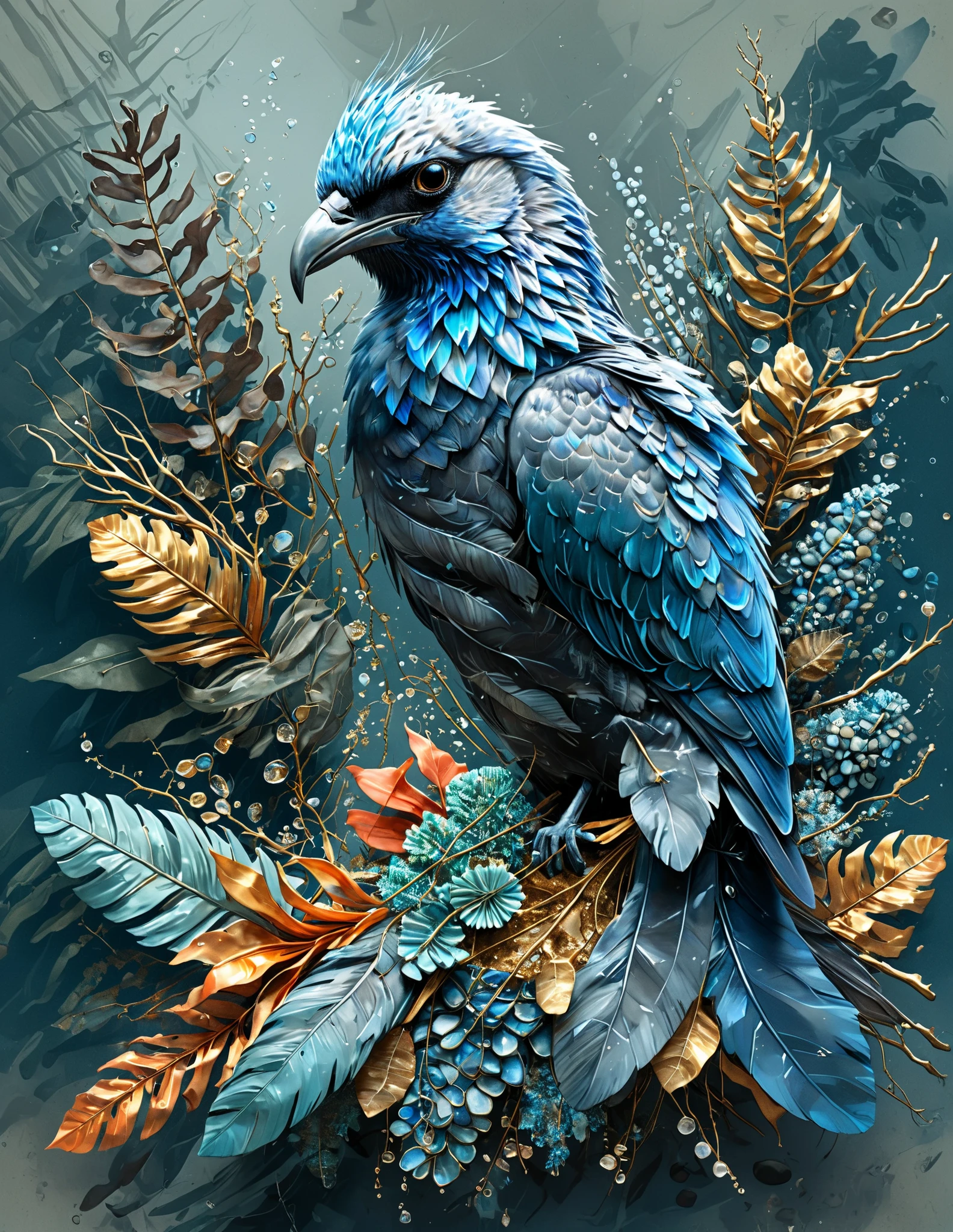 > A surreal and hyper-detailed illustration of a bird with shimmering blue feathers, seamlessly blending into an arrangement of dried plants, coral, and ocean elements. The bird’s body contains textures of colorful coral reefs, pebbles, and underwater flora, as if it is part of both the sea and the forest. Surrounded by golden leaves, seaweed, and delicate branches, with a dark, dreamy background. Ultra-realistic lighting, intricate textures, fantasy art style, highly detailed, 8K.