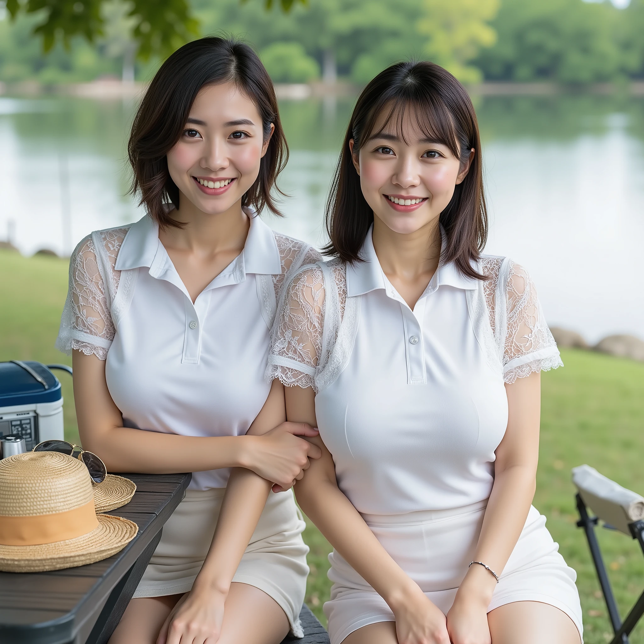 『Her face and hairstyle look different2people、日本people、35 year old woman 、1peopleはショートヘアー、Unprocessed Photo、美peopleではない普通の女性、realistic skin、no makeup、looking at the camera、they are smiling by showing their teeth:1.9』『Saggy Eyes、round face、real photos:1.3』Highest Quality:1.2、((Big Saggy Breasts))、they can see a little cleavage、((40 year old woman))、((顔が違う2people、髪型も違う2people))((20 year old Japanese adult woman:1.3))、(((Anatomically Correct、perfect anatomy、Anatomically Correct指)))、Realistic, Highest Quality, ultra high res, RAW photo, (Full Bodyショット、thin waist:1.5)、
、 Highest Quality 、 ultra high res 、 RAW pictures 、 (Full Bodyショット、Thin Waist:1.5 ) 、Full Body 、 looks like an idol 、 女性2people 、 友peopleとのピクニックランチボックス 、 cooler box serving drinks 、 Folding Chairs/table 、 tanning hat and sunglasses 、 tableに座ってランチを広げている湖畔でのピクニック 、 白いpolo shirt 。 transparent lace cloth that hides her upper arms 、 polo shirt 。 tight skirt under transparent arms and jeans