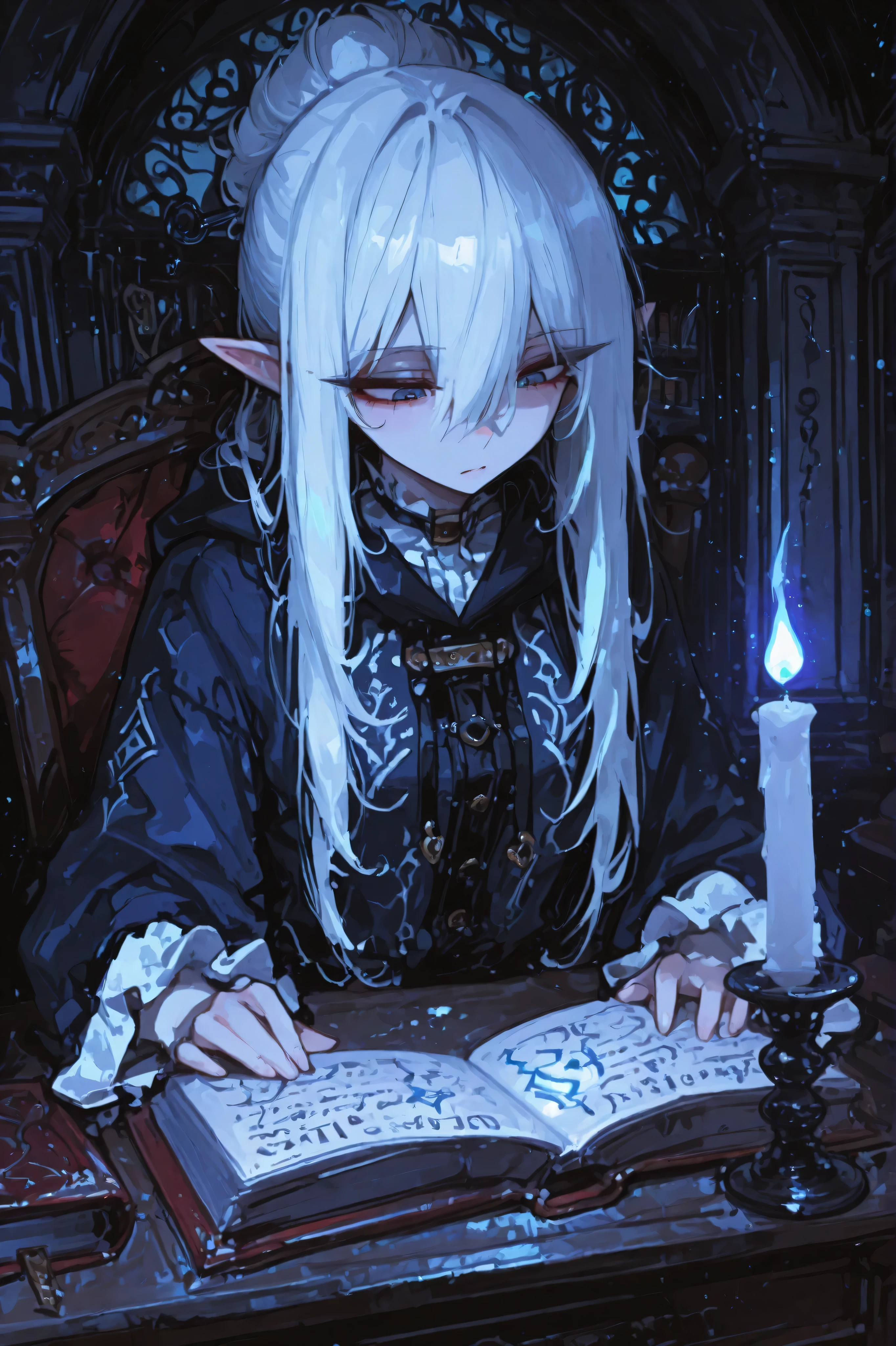 Masterpiece, ultra-detailed illustration of Melna Nightblossom, a beautiful drow elf scholar in her candlelit private study. She is looking down, intensely focused on an ancient, massive grimoire open on a dark wood desk. Her long, pristine white hair is styled in a single, elegant ponytail falling over one shoulder. Her face, with ethereal pale skin and striking sky-blue eyes, is illuminated by a dual light source: the warm, flickering candlelight from the side, and the cool, magical blue glow emanating from the arcane runes lifting off the book's pages. The background is a dimly lit, magnificent library with towering shelves of old books, scrolls, and occult artifacts. The atmosphere is intimate, scholarly, and deeply mystical. Cinematic lighting, chiaroscuro, high contrast, insanely detailed.