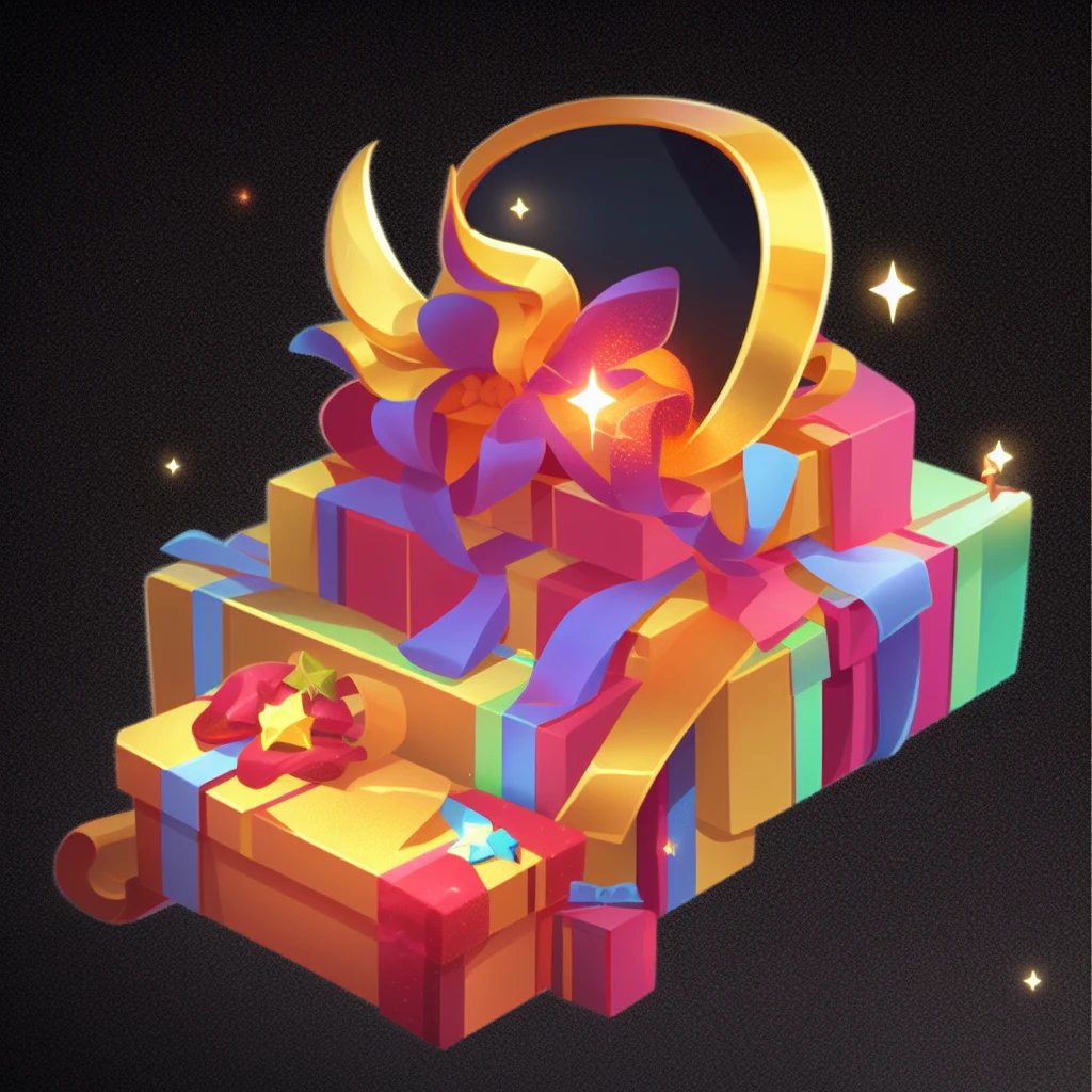 digital painting, mmorpg, Warm colors, cute style, medieval game, glowing effects in the background, glow effects, colorful, No characters, no characters, cute style, anime style, holiday, bag of rubies, sack, Rubies, Award