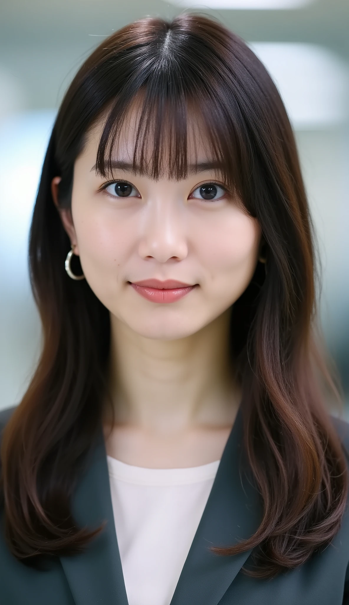 Neat Young Woman、looking at the camera、office lady suit、jacket、shirt、耳にピアス、、黒髪、、虚ろな表情、、、face close-up、The background is office
