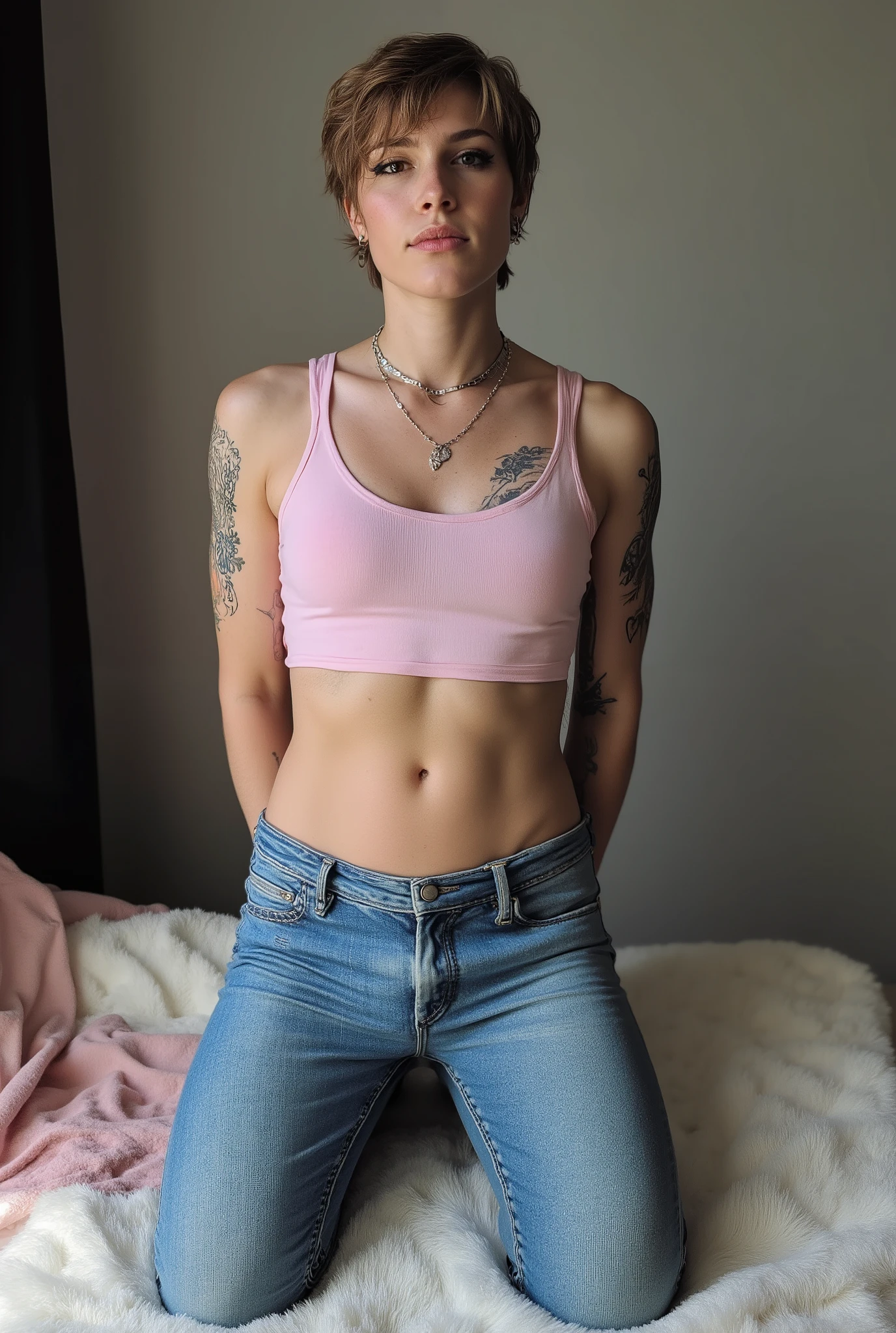 tight fitting,Revealing the outlines of an  penis,young cute super skinny, femboy, full body shot, crossdresser, bold winged eyeliner, submissive devote expression, , alluring, short tousled hairstyle, casual hair across forehead, pastel tank top worn on flat male , slightly cropped to reveal midriff and hip bones, tight jeans, denim is skinny on the legs, tattoos on arms and shoulders, necklaces, feminine outfit on male body, slender legs, androgynous aesthetic, realistic, detailed, submissive pose, kneeling before viewer, in a cozy fluffy bedroom, high camera angle