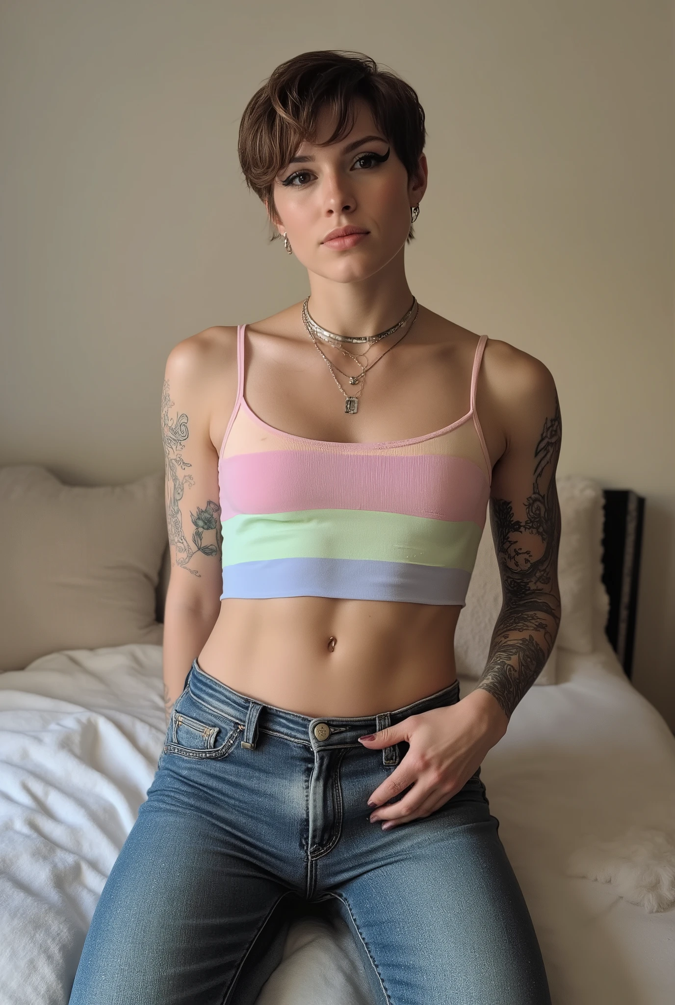tight fitting,Revealing the outlines of an  penis,young cute super skinny, femboy, full body shot, crossdresser, bold winged eyeliner, submissive devote expression, , alluring, short tousled hairstyle, casual hair across forehead, pastel tank top worn on flat male , slightly cropped to reveal midriff and hip bones, tight jeans, denim is skinny on the legs, tattoos on arms and shoulders, necklaces, feminine outfit on male body, slender legs, androgynous aesthetic, realistic, detailed, submissive pose, kneeling before viewer, in a cozy fluffy bedroom, high camera angle
