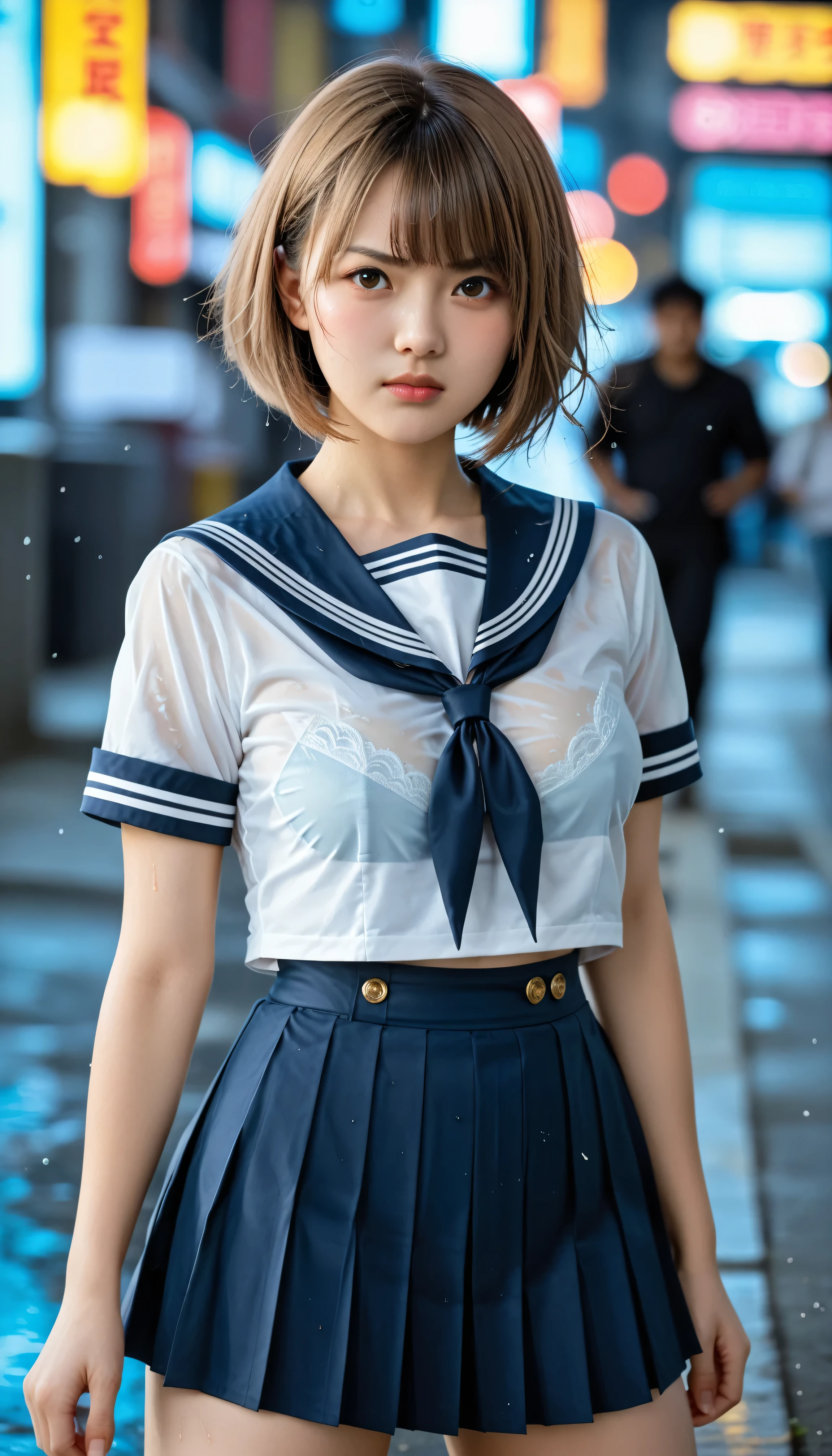 score_9,score_8_up,score_7_up,16K, highres, high-resolution, super-resolution ,masterpiece , best quality,high quality, detailed, ultra detailed,hyper detailed,insanely detailed ,natural lighting,exquisite , beautiful,high resolution,realistic,beautiful young woman, perfect facial symmetry, golden ratio face, sparkling large eyes, small cute nose, plump lips, oval face shape, detailed skin texture,woman,日本人女性,(light brown short hair:1.6), (bob hair:1.6), (傑作),(最高品質:1.2),(非常に詳細:1.2),(高解像度),(:1.3),(brown eyes), 17 yo,
Natural, ultra high res, Super Detail, Detailed Skin, Sharp Focus, bokeh, glossy texture, depth of field, shiny hair, shiny skin BREAK
1 girl, japanese, Smooth skin, Without Makeup, glowing eyes BREAK
, ((bangs):1.3),
cutest Japanese cosplayer of the famous game character, masterpiece, ultra-HD, cinematic lighting, high detail, depth of field, (blurred background), (dramatic lighting), very aesthetic, detailed background, (cowboy shot),(M-spread legs),huge filesize,5 finger,(wet),(Messy Soaked hair)
BREAK
Japanese cosplayer,blush
BREAK
side bangs, amateur flash, spotlight, (angry:1.3), (perfect :1.2) BREAK
a girl on street, night, rain fall, cyberpunk city background, rainy street,(light blue lace bra visible through clothes),
standing with legs apart,(see-through ,school uniform, sailor suit, traditional Japanese style with navy blue and white colors, detailed ribbon and pleated skirt),
