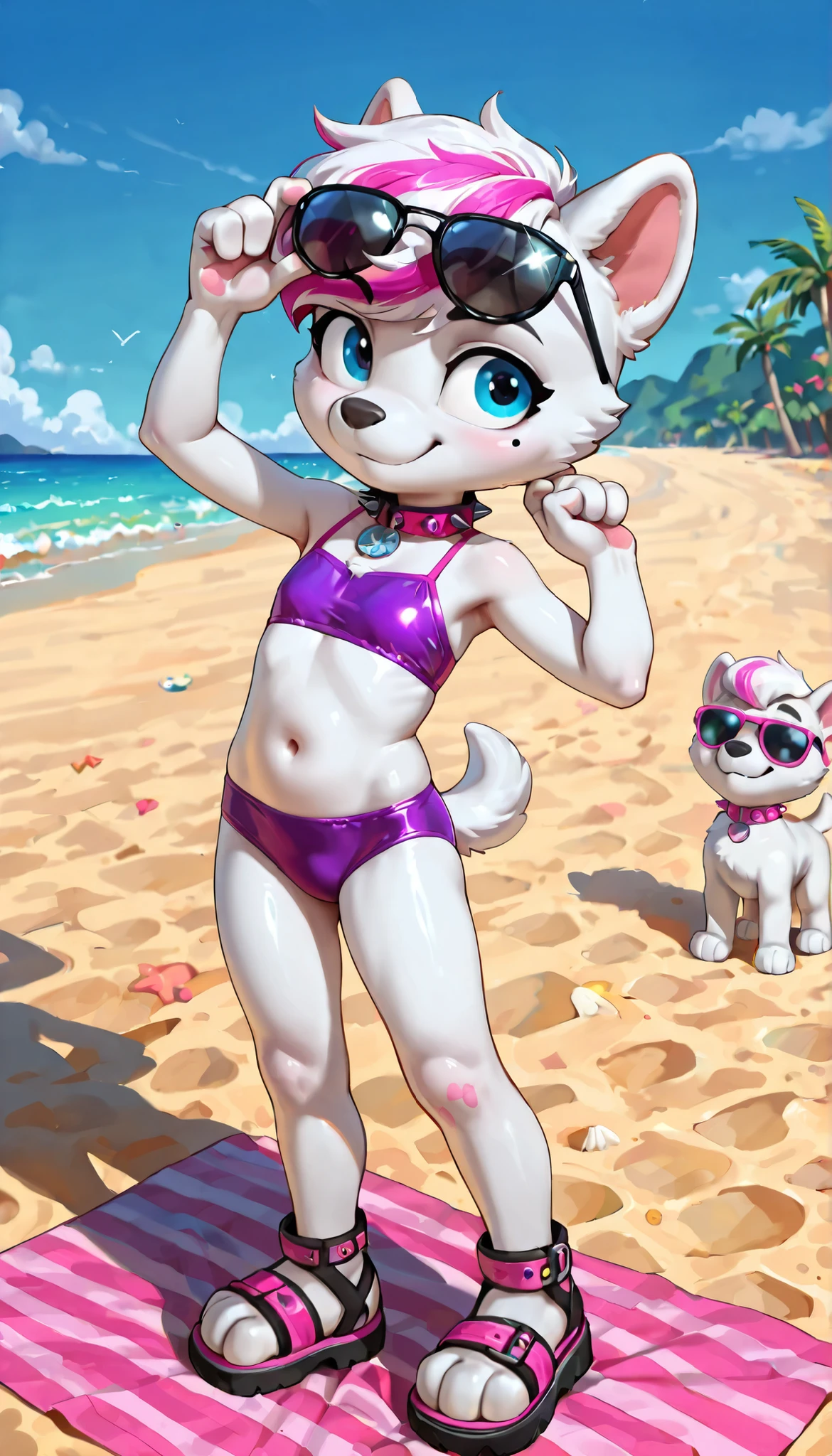 score_9, score_8_up, score_8, source_cartoon, source_furry, 1girl, solo, Roxi(PP), (solo), furry anthro, dog girl, samoyed, white fur, pink and white hair, bangs, short tail, blue eyes, mole on left cheek, cute face, 4 fingers, ((sunglasses on forehead, pink spiked collar, purple bikini top, midriff, purple bikini bottom, sandals)), full body, feets with three toes, beach on background, sunny day, clear sky, confident face, skinny, short body, thin body, glistering body, shiny body, (very skinny:1.0), (Small, Short:1.1), (young cub:1.2), looking at you, standing, adjusting sunglasses with one hand,