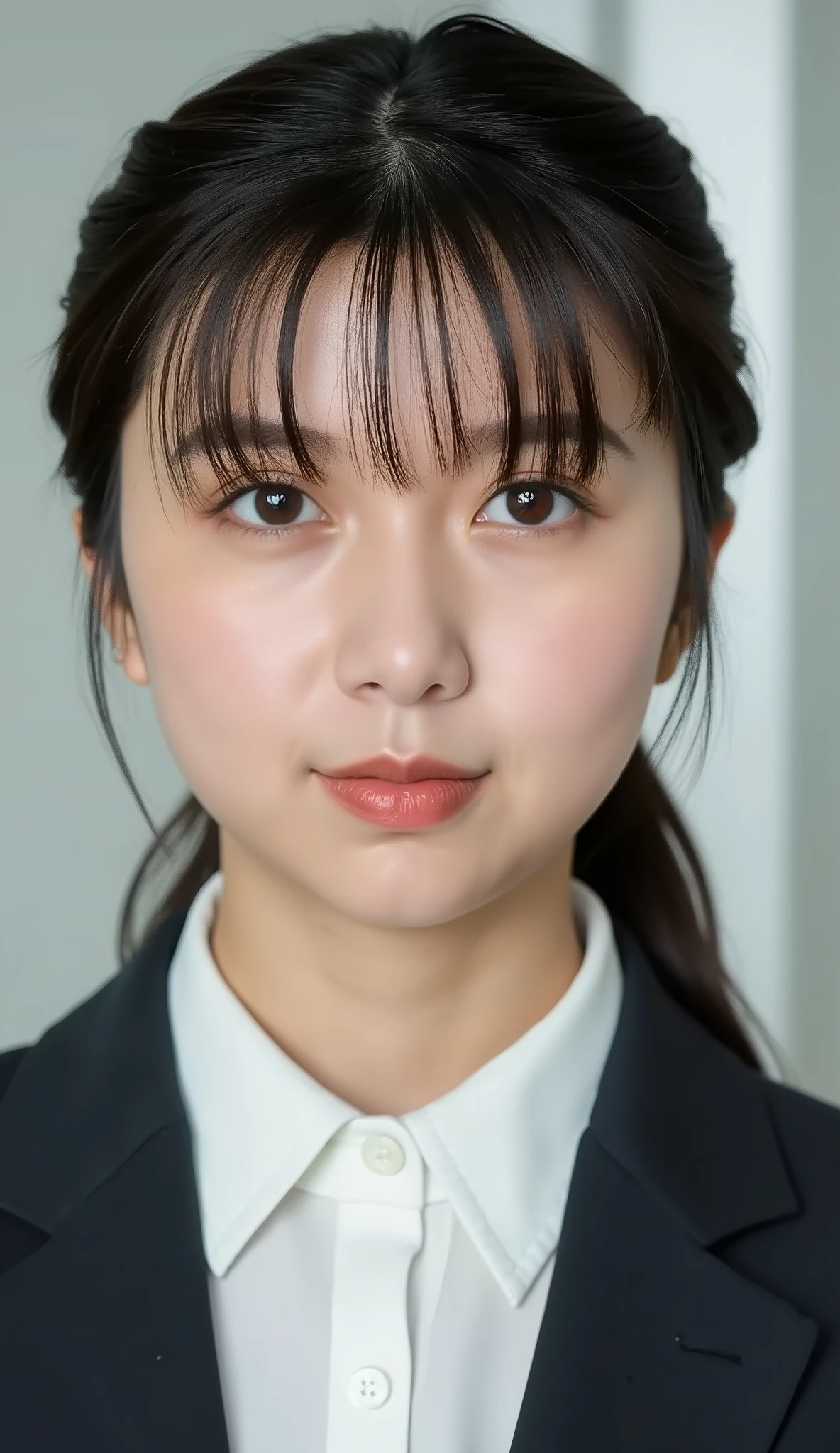 Neat Young Woman、looking at the camera、office lady suit、jacket、shirt、耳にピアス、、無表情、、face close-up、The background is office