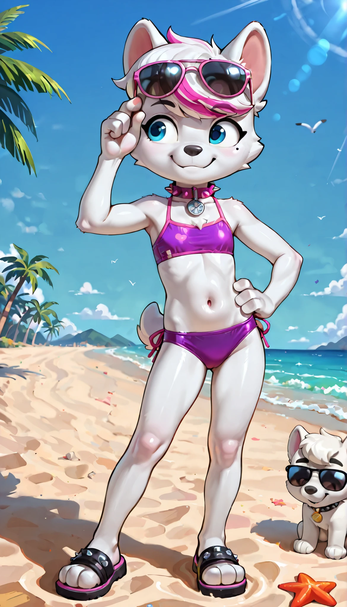 score_9, score_8_up, score_8, source_cartoon, source_furry, 1girl, solo, Roxi(PP), (solo), furry anthro, dog girl, samoyed, white fur, pink and white hair, bangs, short tail, blue eyes, mole on left cheek, cute face, 4 fingers, ((sunglasses on forehead, pink spiked collar, purple bikini top, midriff, purple bikini bottom, sandals)), full body, feets with three toes, beach on background, sunny day, clear sky, confident face, skinny, short body, thin body, glistering body, shiny body, (very skinny:1.0), (Small, Short:1.1), (young cub:1.2), looking at you, standing, adjusting sunglasses with one hand,