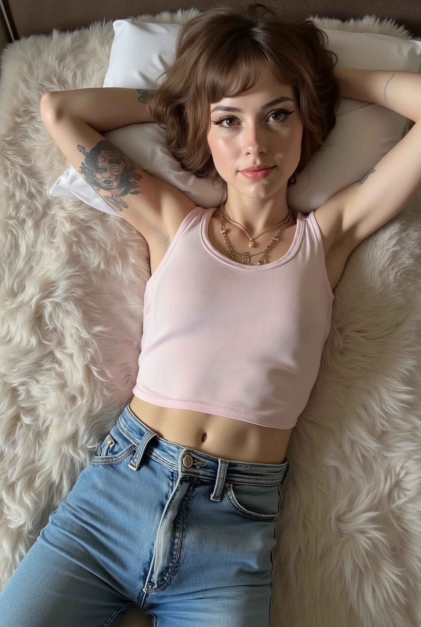 tight fitting,Revealing the outlines of an  penis,young cute super skinny, femboy, full body shot, crossdresser, bold winged eyeliner, submissive devote expression, , alluring, short tousled hairstyle, casual hair across forehead, pastel tank top worn on flat male , slightly cropped to reveal midriff and hip bones, tight jeans, denim is skinny on the legs, tattoos on arms and shoulders, necklaces, feminine outfit on male body, slender legs, androgynous aesthetic, realistic, detailed, laying on fluffy carpet, laying on back, bird's eye view, full body visible in picture, in a cozy fluffy bedroom