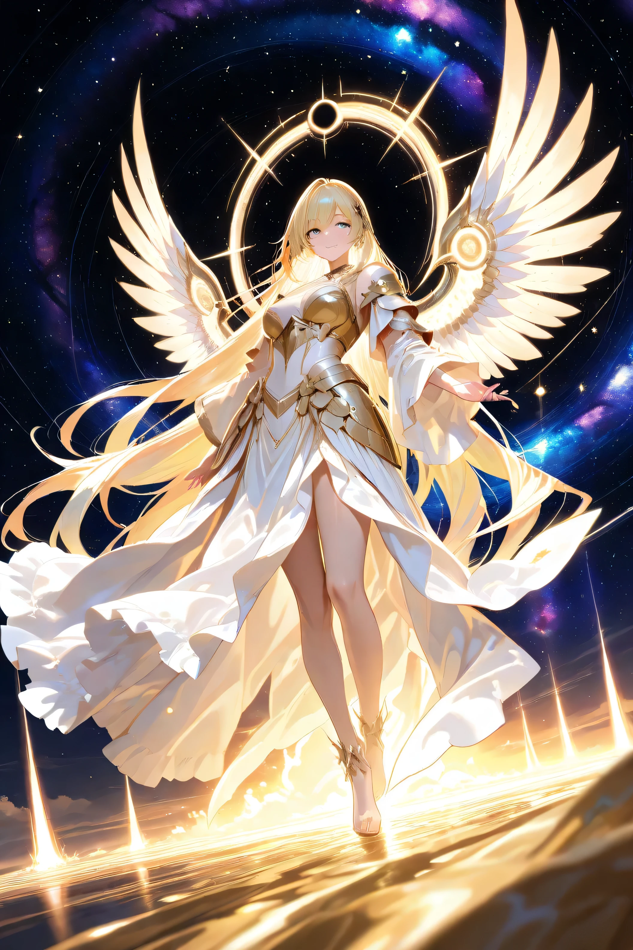 inside a giant spiral galaxy, an angelic woman glides gracefully on a star's arm. their wings shine in constellations, each feather is a small galaxy. they wear elegant armor made of rainbow-colored meteorites, their faces are gentle and sacred. behind them, black holes pulse with quiet power. The entire image is illuminated by the galactic wind and the distant sun. Monumental scale, 8k, ultra-detailed celestial fantasy, Concept Art Style.


