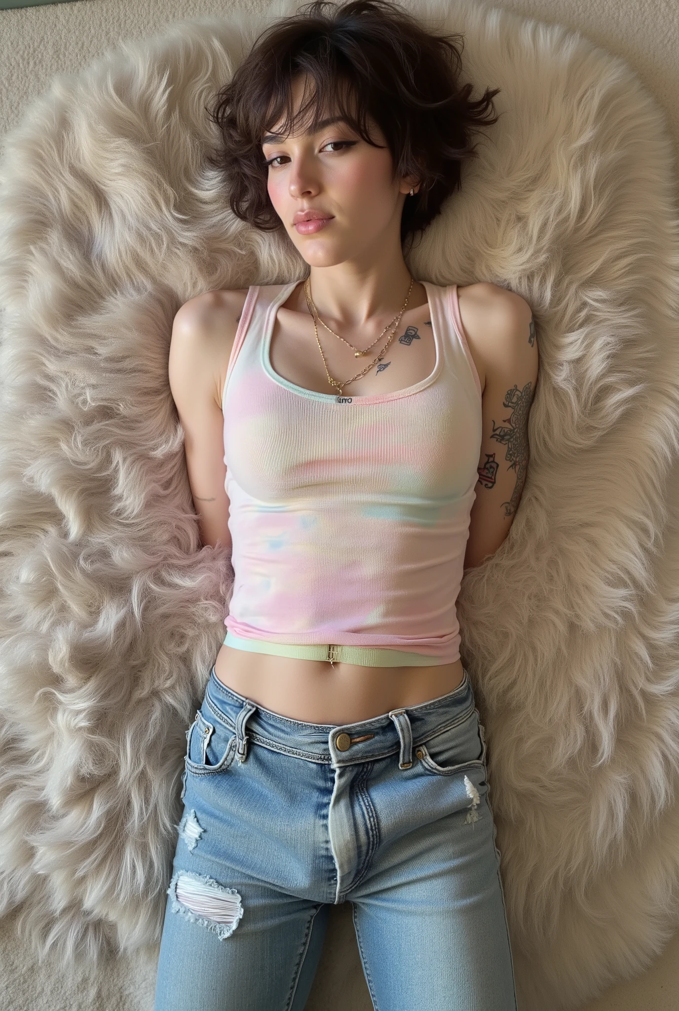 tight fitting,Revealing the outlines of an  penis,young cute super skinny, femboy, androgynous, full body shot, crossdresser, bold winged eyeliner, submissive devote expression, , alluring, short tousled hairstyle, casual hair across forehead, pastel tank top worn on flat male , slightly cropped to reveal midriff and hip bones, tight jeans, denim is skinny on the legs, tattoos on arms and shoulders, necklaces, feminine outfit on male body, slender legs, androgynous aesthetic, realistic, detailed, laying on fluffy carpet, laying on back, bird's eye view, full body visible in picture, in a cozy fluffy bedroom