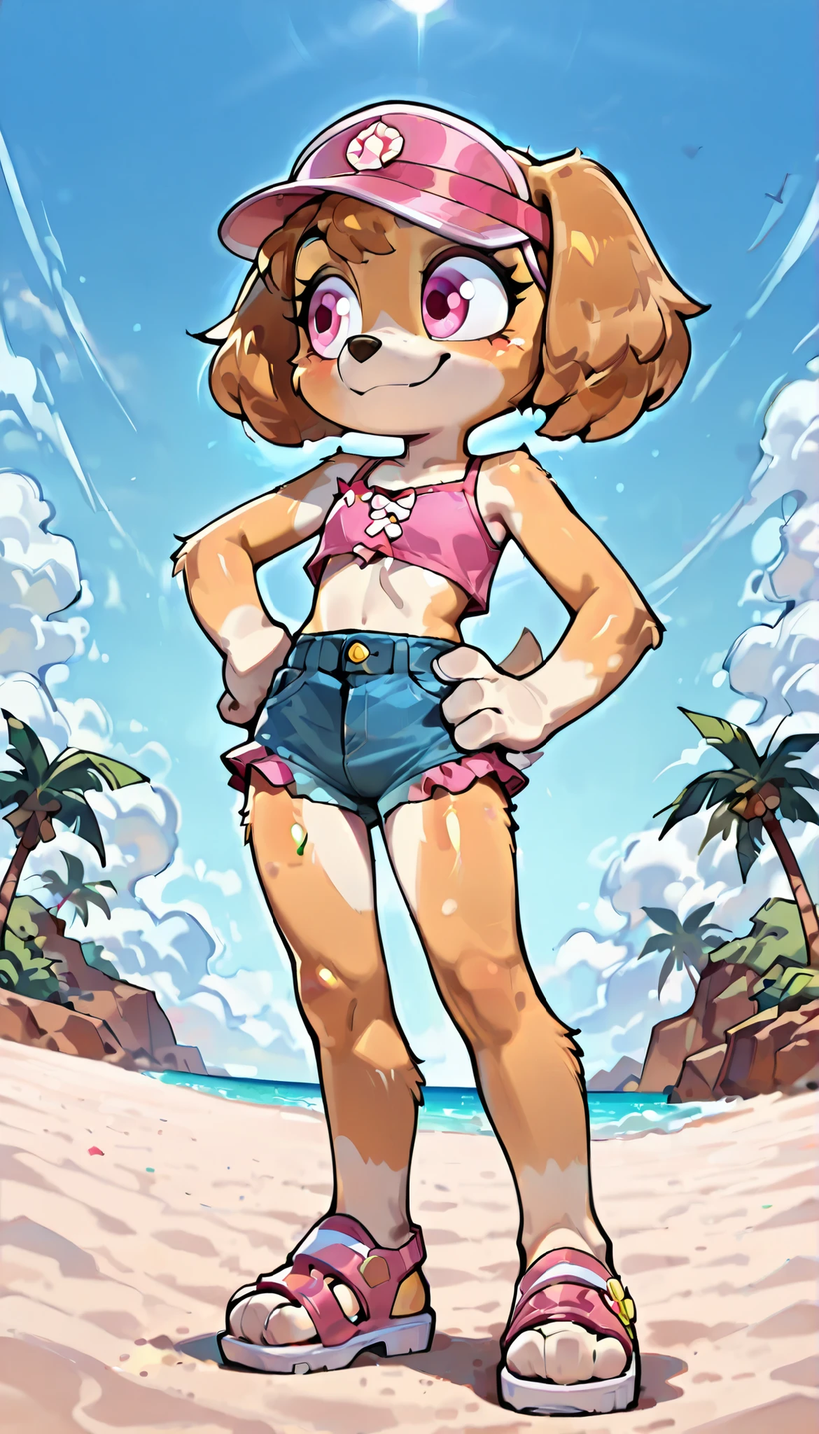 score_9, score_8_up, score_8, source_cartoon, source_furry, 1girl, solo, Skye(PP), dog, anthro, dog, furry, Cockapoo, pink eyes, golden-brown body fur, golden-brown hair, cute face, 4 fingers, ((pink visor hat, pink frilly tankini, midriff, denim shorts, sandals)), full body, feets with three toes, beach on background, sunny day, clear sky, confident face, skinny, short body, thin body, glistering body, shiny body, (very skinny:1.0), (Small, Short:1.1), (young cub:1.2), looking at you, one hand on own hip, standing,