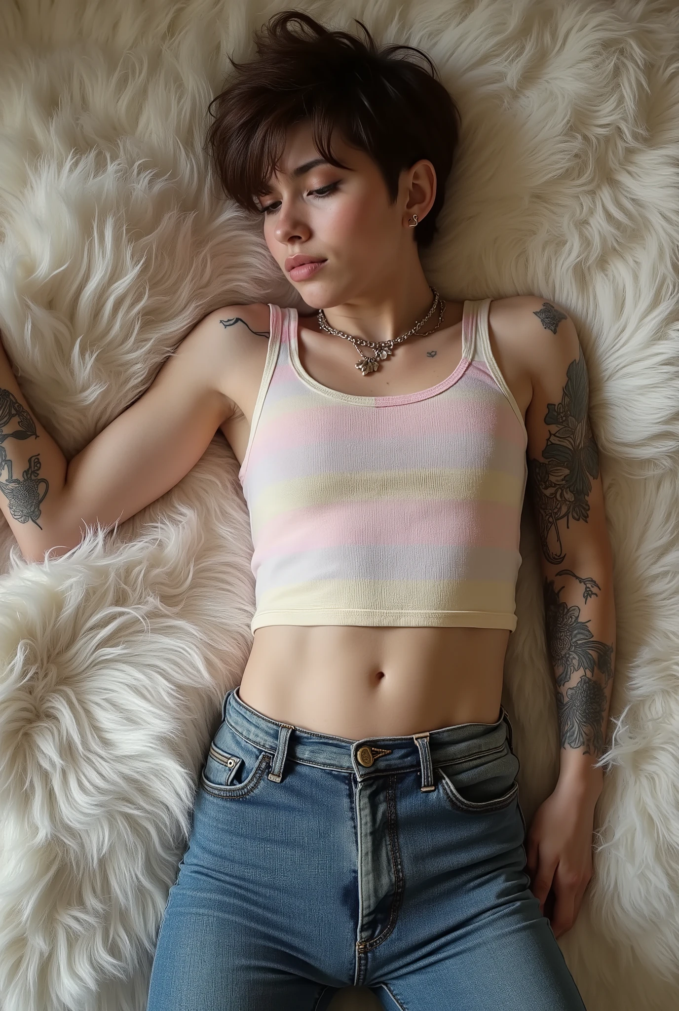 tight fitting,Revealing the outlines of an  penis,young cute super skinny, femboy, androgynous, full body shot, crossdresser, bold winged eyeliner, submissive devote expression, , alluring, short tousled hairstyle, casual hair across forehead, pastel tank top worn on flat male , slightly cropped to reveal midriff and hip bones, tight jeans, denim is skinny on the legs, tattoos on arms and shoulders, necklaces, feminine outfit on male body, slender legs, androgynous aesthetic, realistic, detailed, laying on fluffy carpet, laying on back, bird's eye view, full body visible in picture, in a cozy fluffy bedroom