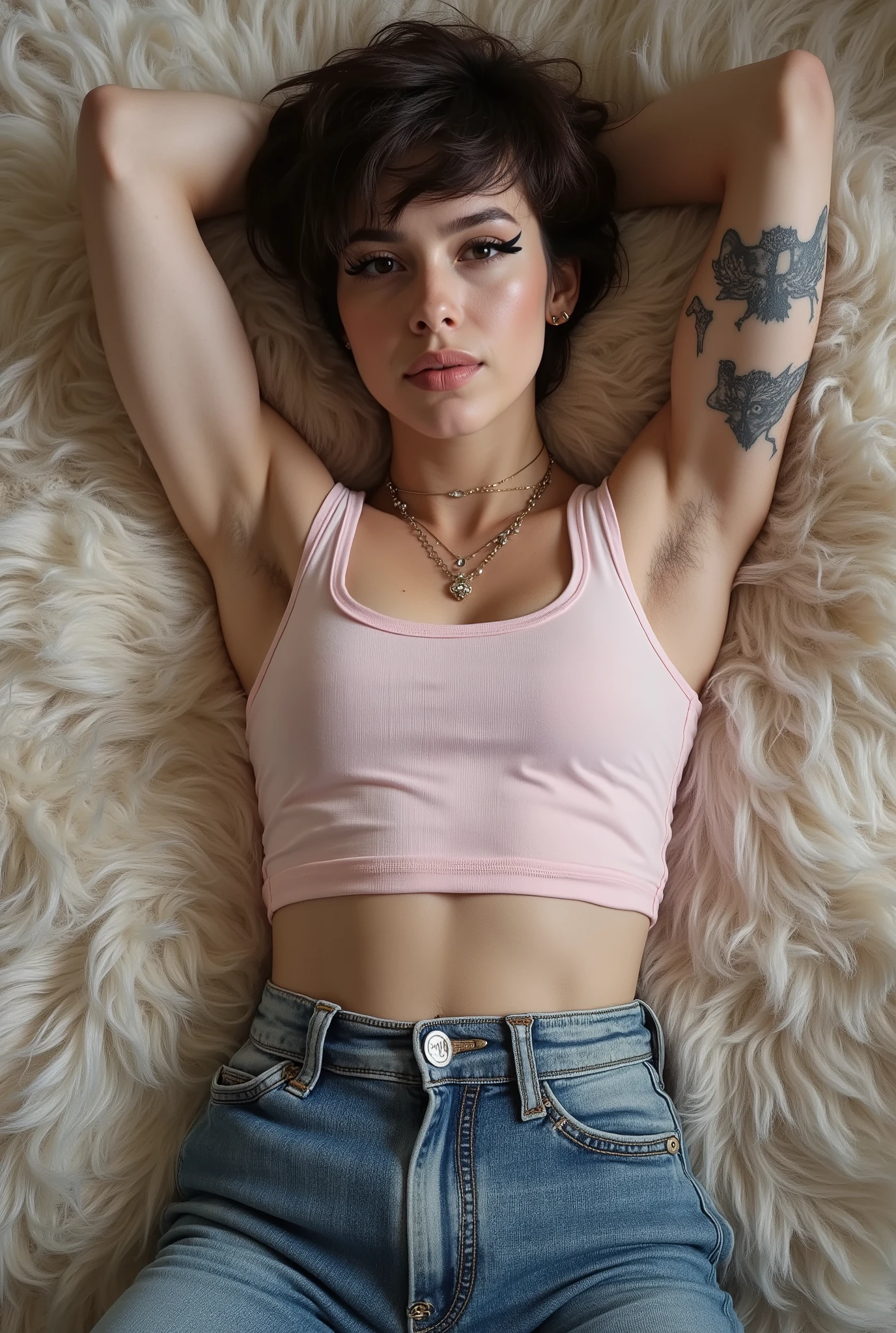 tight fitting,Revealing the outlines of an  penis,young cute super skinny, femboy, androgynous, full body shot, crossdresser, bold winged eyeliner, submissive devote expression, , alluring, short tousled hairstyle, casual hair across forehead, pastel tank top worn on flat male , slightly cropped to reveal midriff and hip bones, tight jeans, denim is skinny on the legs, tattoos on arms and shoulders, necklaces, feminine outfit on male body, slender legs, androgynous aesthetic, realistic, detailed, laying on fluffy carpet, laying on back, bird's eye view, full body visible in picture, in a cozy fluffy bedroom