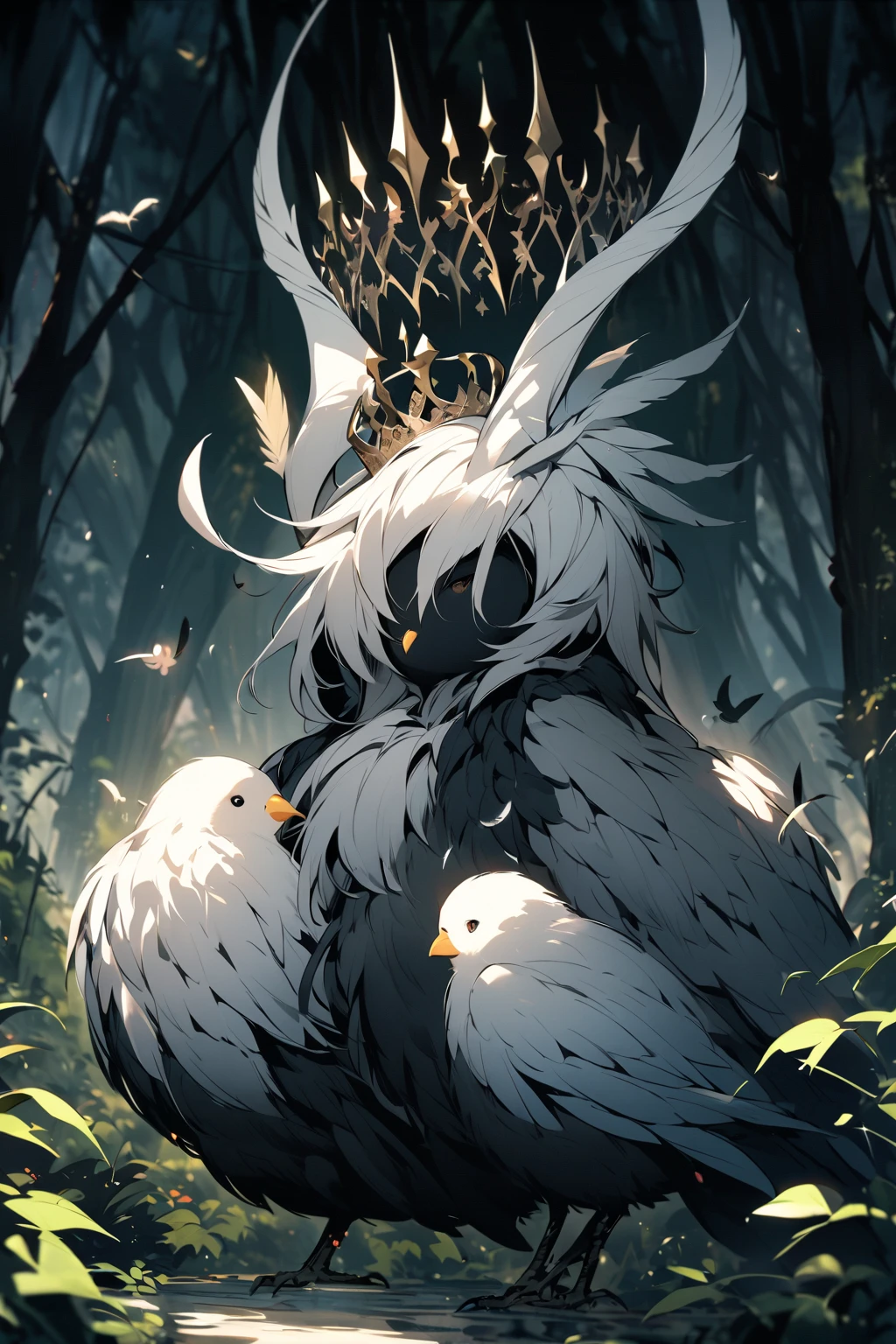 ultra-detailed, masterpiece, masterwork, high quality, best quality, hdr, (nature, top of the tree), , male, solo, avian, chibi, (()), (white little body crow), (long silver hair, beak, closed eyes sleeping), horn, dragon ears, lying, dynamic angle, (, perfect ), Hands and wings in one piece,