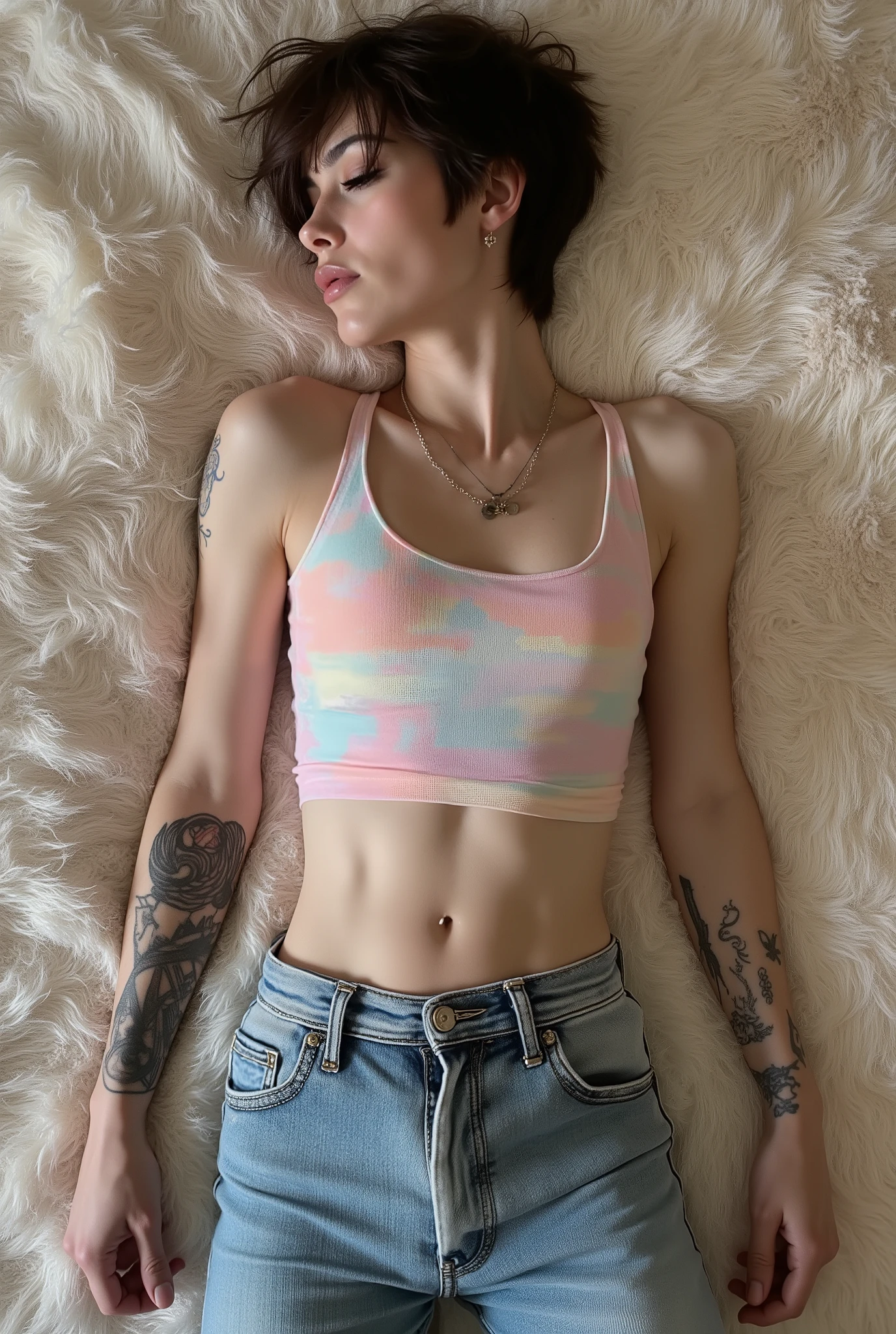 tight fitting,Revealing the outlines of an  penis,young cute super skinny, femboy, androgynous, full body shot, crossdresser, bold winged eyeliner, submissive devote expression, , alluring, short tousled hairstyle, casual hair across forehead, pastel tank top worn on flat male , slightly cropped to reveal midriff and hip bones, tight jeans, denim is skinny on the legs, tattoos on arms and shoulders, necklaces, feminine outfit on male body, slender legs, androgynous aesthetic, realistic, detailed, laying on fluffy carpet, laying on back, bird's eye view, full body visible in picture, in a cozy fluffy bedroom