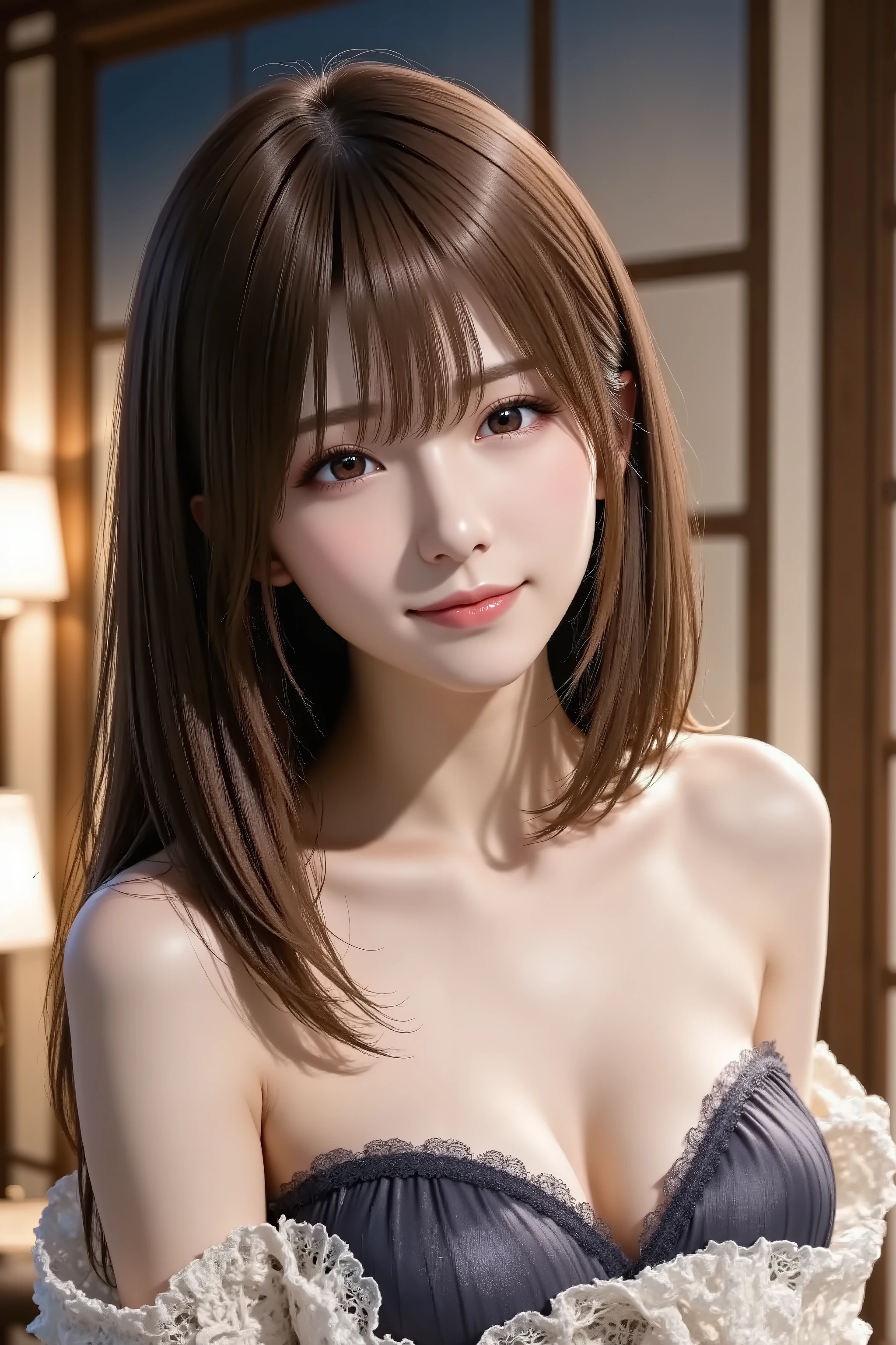 1girl, straight hair, blunt bangs, off shoulder, from front, full body, Seductive pose, Has a captivating look, girl smile, The viewer looks up at her