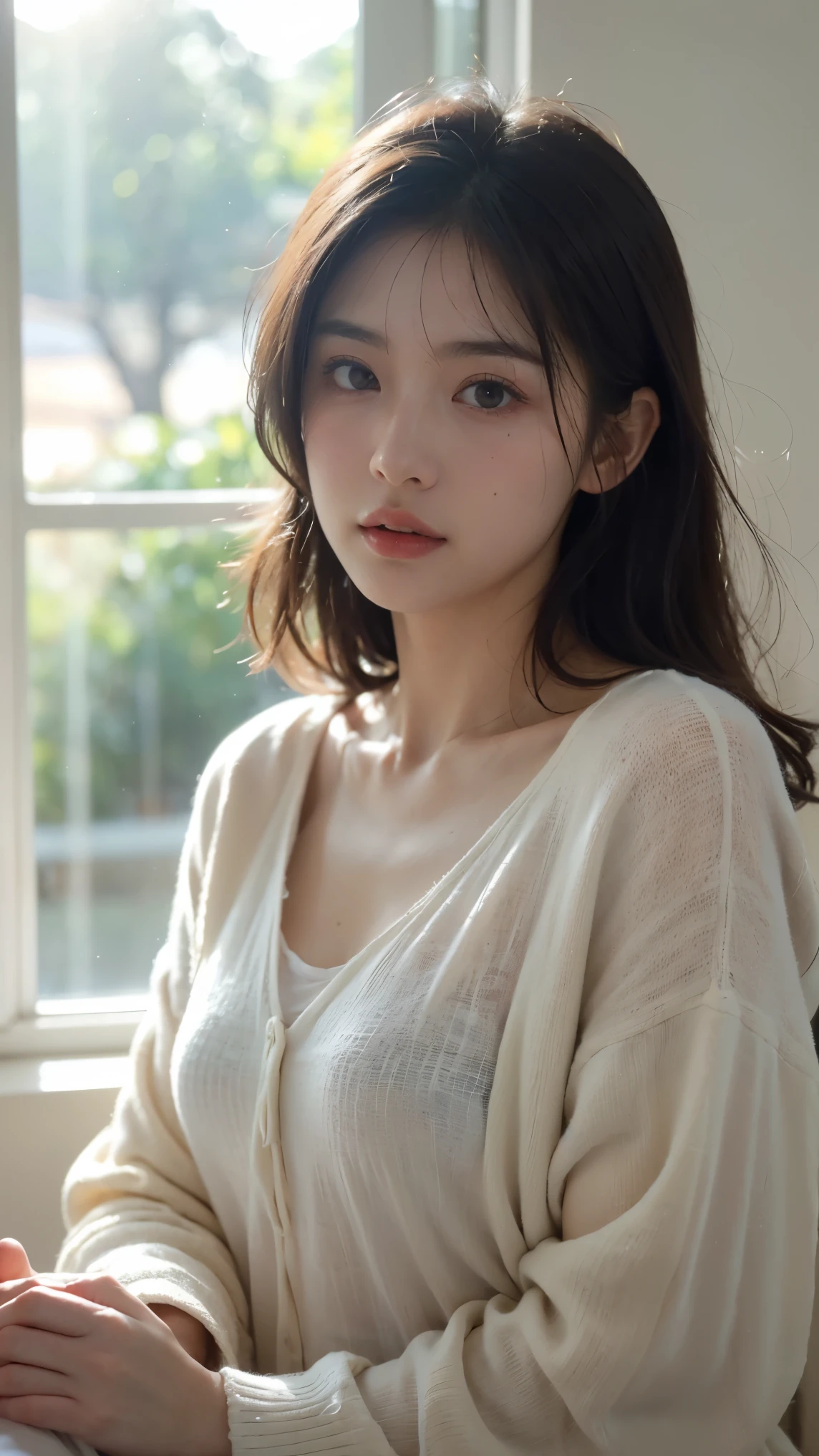 top-quality、​masterpiece、超A high resolution、(Realistic:1.4)、Raw photo、1 17-year-old girl、ssmile、macho、lighting like a movie, window and rainy day