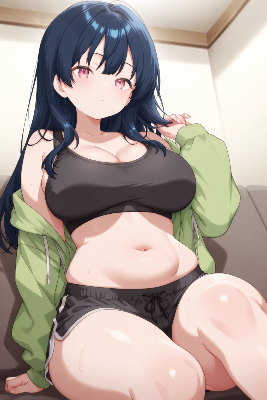 Chubby、woman、Black Hair、Leg spread、Casual wear、Embarrassed、Sweat、Eyes closed、Navy blue bra
