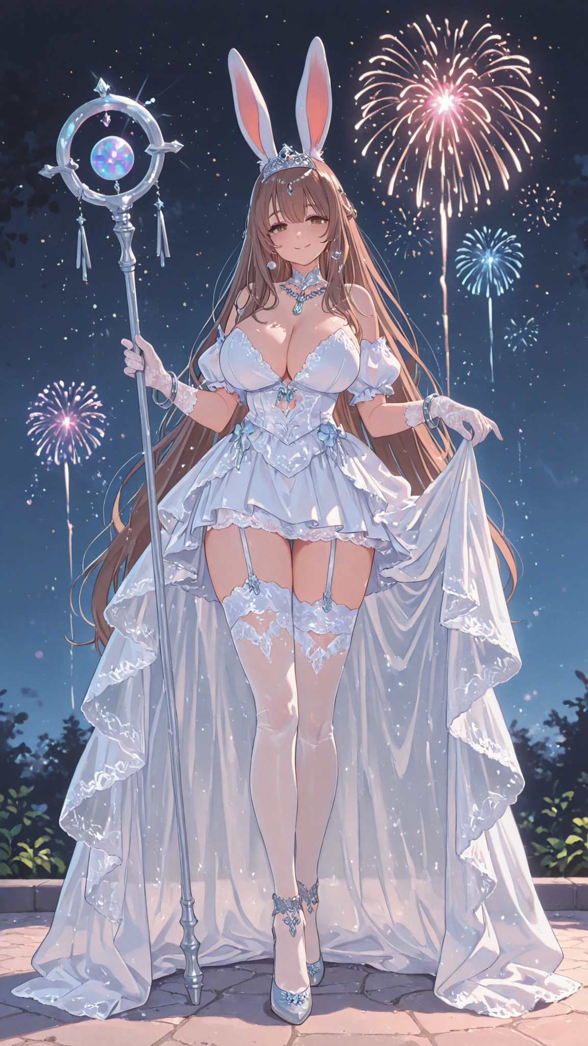 Fantasy rabbit goddess, adult, mature, tall, sexy wedding dress with short skirt, lace trim, lace gloves, silver garter with white net stocking, brown hair, very long hair, shinning blue eyes, rabbit ear, silver tiara, silver ornament, silver bangle on knee, complex silver hair ornaments, warm smile, full body, bring a magical key like staff, theme park view at night with firework, high‑detail digital painting, masterpiece, best quality, very aesthetic, amazing quality, high resolution, hdr, dynamic lighting, ultra HD, intricate details, masterpiece, 32K UHD.