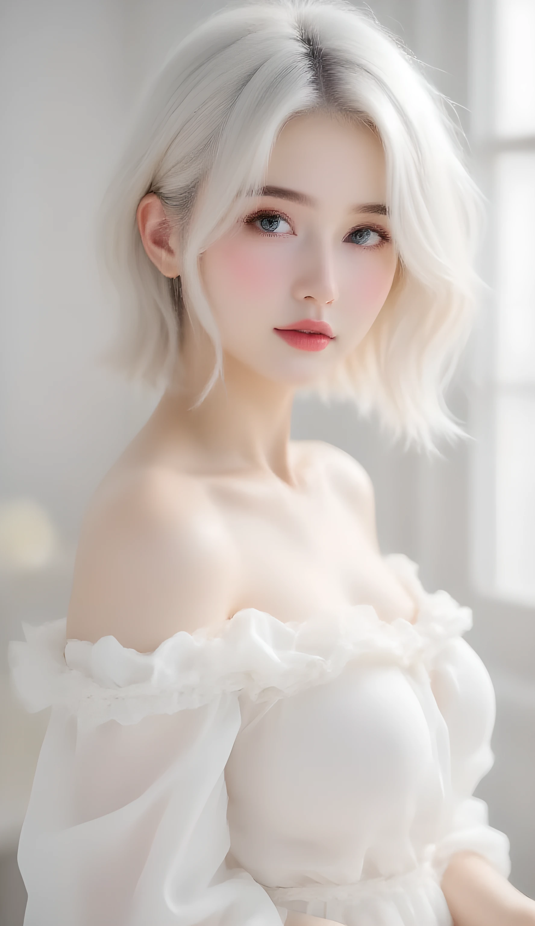 (masterpiece, ultra-detailed, photorealistic, cinematic soft lighting),
Sally, short fluffy silver-white bob hair, airy natural hairstyle,
(translucent porcelain skin, luminous glow, subtle blush, no plastic, no PVC, no mannequin),
large clear grey-blue eyes, gentle calm expression, lips softly closed,
side-facing half-body portrait, turning head slightly toward camera, elegant posture,
wearing a light off-shoulder white chiffon blouse, sheer fabric with natural folds,
background: soft daylight through a window, pale neutral tones, shallow depth of field,
lighting: Japanese "透け感" transparency style, airy soft light, low contrast,
mood: fresh, clean, pure, serene atmosphere