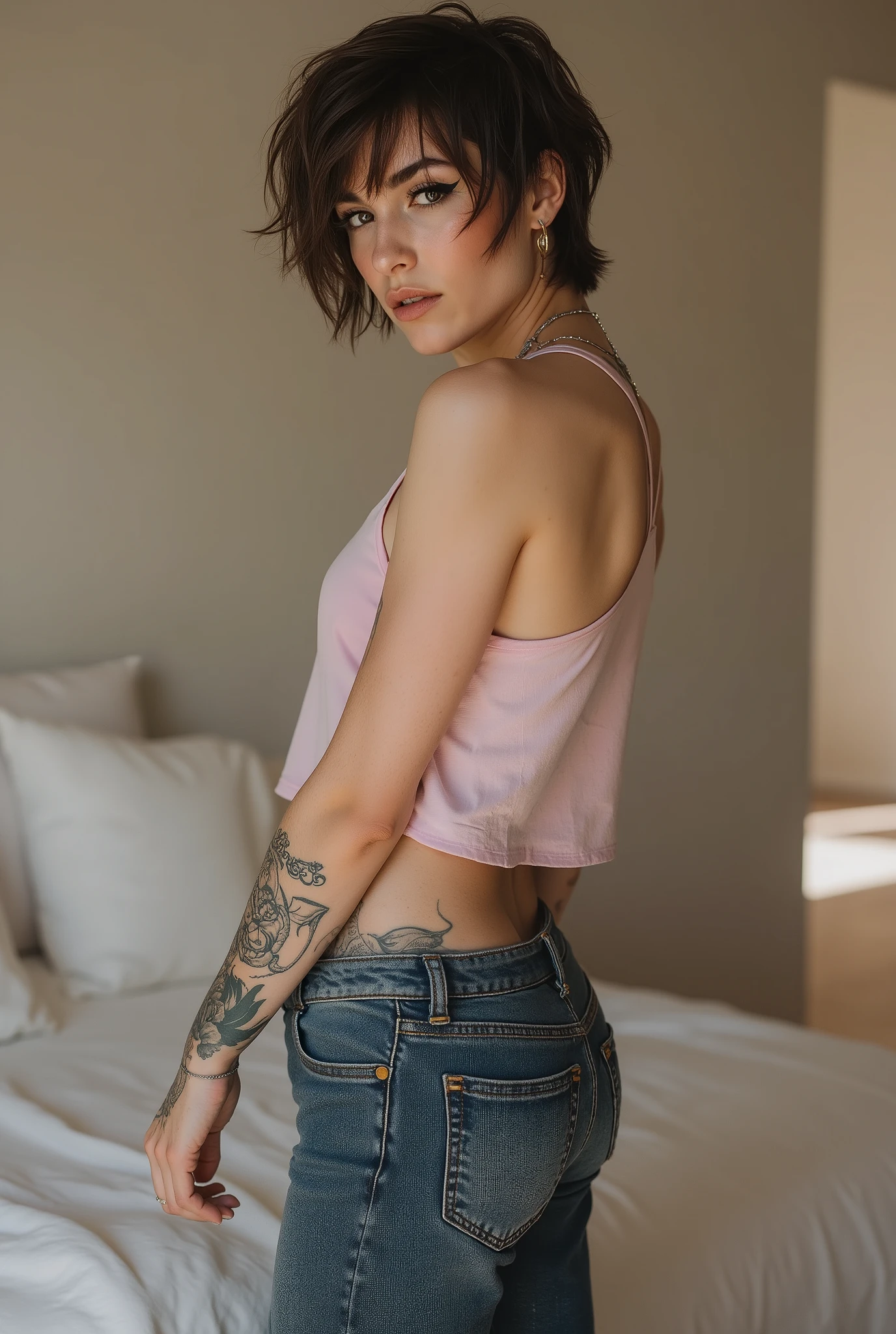 young cute super skinny, femboy, androgynous, full body shot, crossdresser, bold winged eyeliner, submissive devote expression, , alluring, short tousled hairstyle, casual hair across forehead, pastel tank top worn on flat male , slightly cropped to reveal midriff and hip bones, tight jeans, denim is skinny on the legs, tattoos on arms and shoulders, necklaces, feminine outfit on male body, slender legs, androgynous aesthetic, realistic, detailed, standing in an alluring pose, shot from diagonally behind, visual focus on  in jeans, glancing over shoulder, in a cozy fluffy bedroom