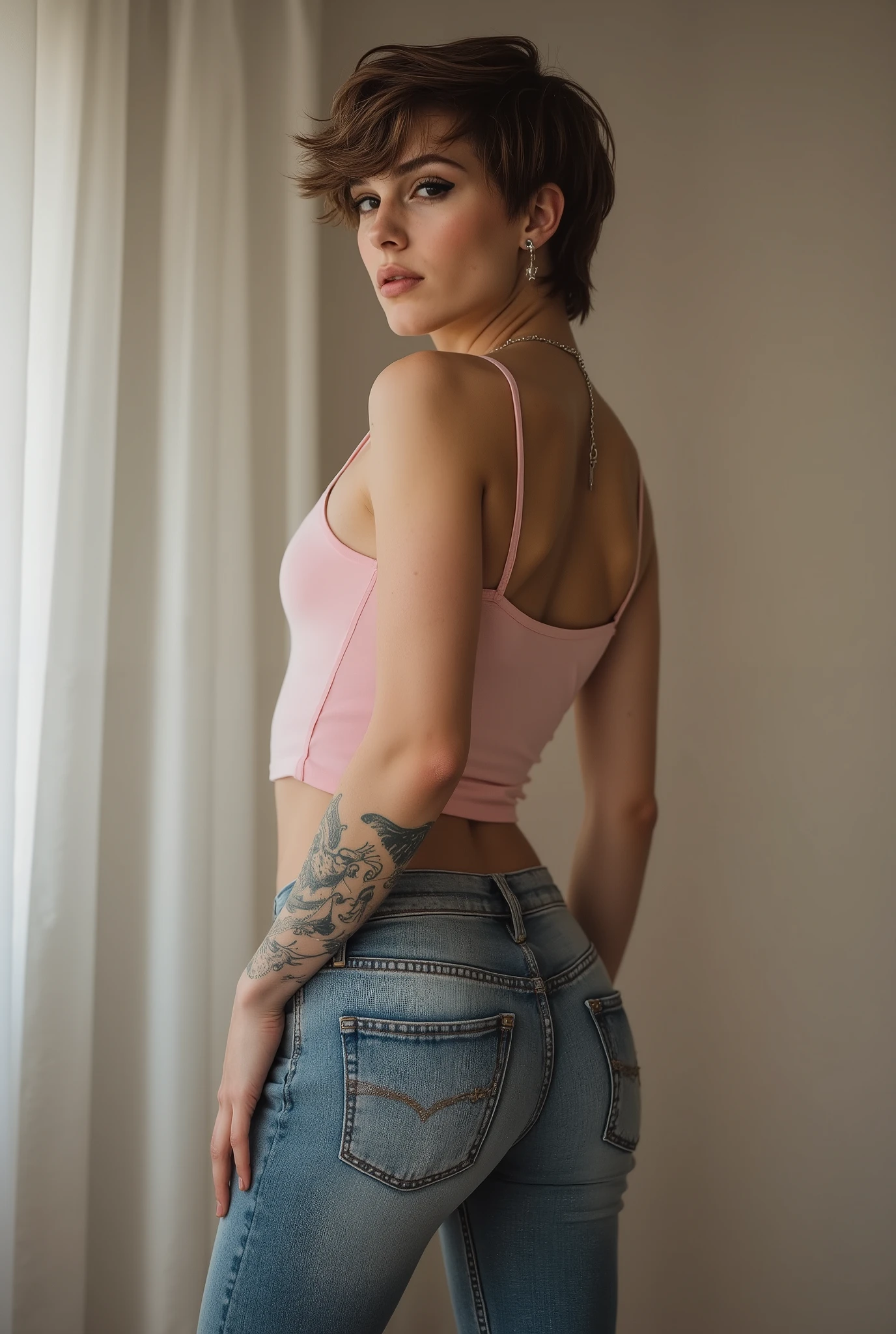 young cute super skinny, femboy, androgynous, full body shot, crossdresser, bold winged eyeliner, submissive devote expression, , alluring, short tousled hairstyle, casual hair across forehead, pastel tank top worn on flat male , slightly cropped to reveal midriff and hip bones, tight jeans, denim is skinny on the legs, tattoos on arms and shoulders, necklaces, feminine outfit on male body, slender legs, androgynous aesthetic, realistic, detailed, standing in an alluring pose, shot from diagonally behind, visual focus on  in jeans, glancing over shoulder, in a cozy fluffy bedroom