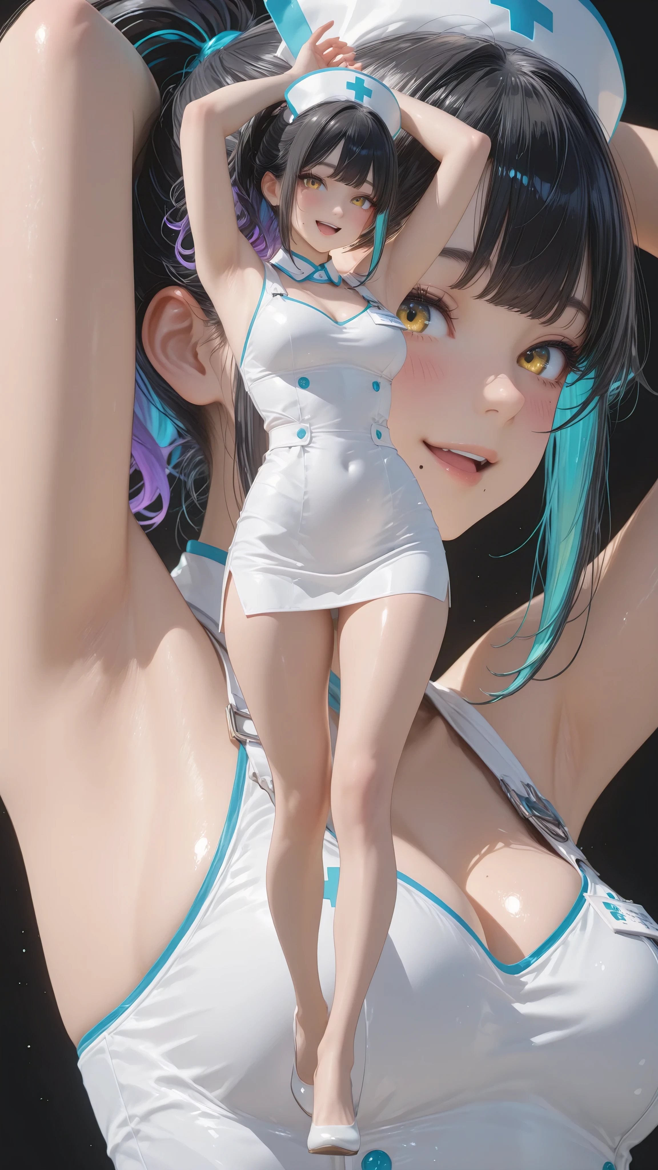 masterpiece, best quality, ultra-detailed), 2 angles, zoom layer,full body, [from side], (cute, smile,open mouth, a mole under the mouth), a very realistic photo of a beautiful 19-year-old Japanese nurse, wearing a tight and nurse dress, featuring a high side slit mini skirt and chest detail, (black background:1.5), ponytail hair, black hair, gradation hair,gold eyes, blush, looking at viewer, cute expression, soft lighting, warm atmosphere, head tilted slightly, 
(arms raised above head:1.3), 
(armpits focus:1.5), showing armpits clearly, 
(sexy pose:1.2), (upper body focus:1.3), centered composition, 
confident and charming smile, natural posture, 
soft lighting, glossy skin, delicate shading, dynamic yet elegant, 
emphasized armpits and cleavage