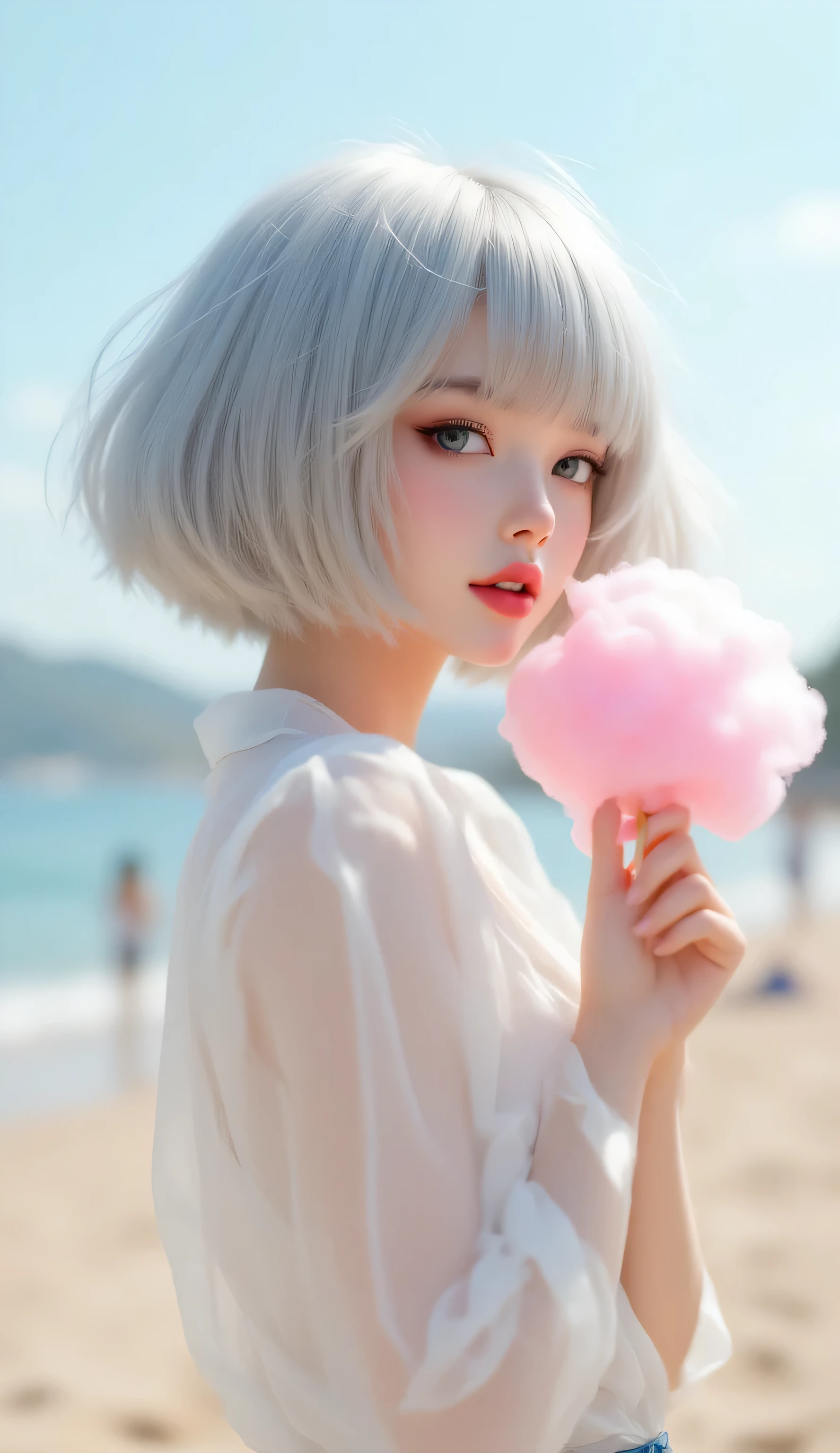 (masterpiece, ultra-detailed, photorealistic, cinematic soft lighting),
Sally, short fluffy silver-white bob hair, airy hairstyle swaying in sea breeze,
(translucent porcelain skin, luminous natural glow, subtle blush, no plastic, no PVC, no mannequin),
large clear grey-blue eyes, soft gentle smile, lips slightly parted,
half-body portrait, side-facing with slight head turn toward camera,
one hand holding a fluffy pink cotton candy on a thin bamboo stick,
the other hand delicately pinching a small piece of cotton candy to eat,
wearing a light white summer blouse, fabric flowing gently,
background: Shonan Enoshima seaside, sandy beach, horizon ocean view,
with Enoden train and coastal railway tracks faintly visible in the distance, iconic Japanese seaside scenery,
lighting: soft Japanese transparency style, airy and fresh, no harsh highlights,
mood: youthful, serene, summer refreshing atmosphere