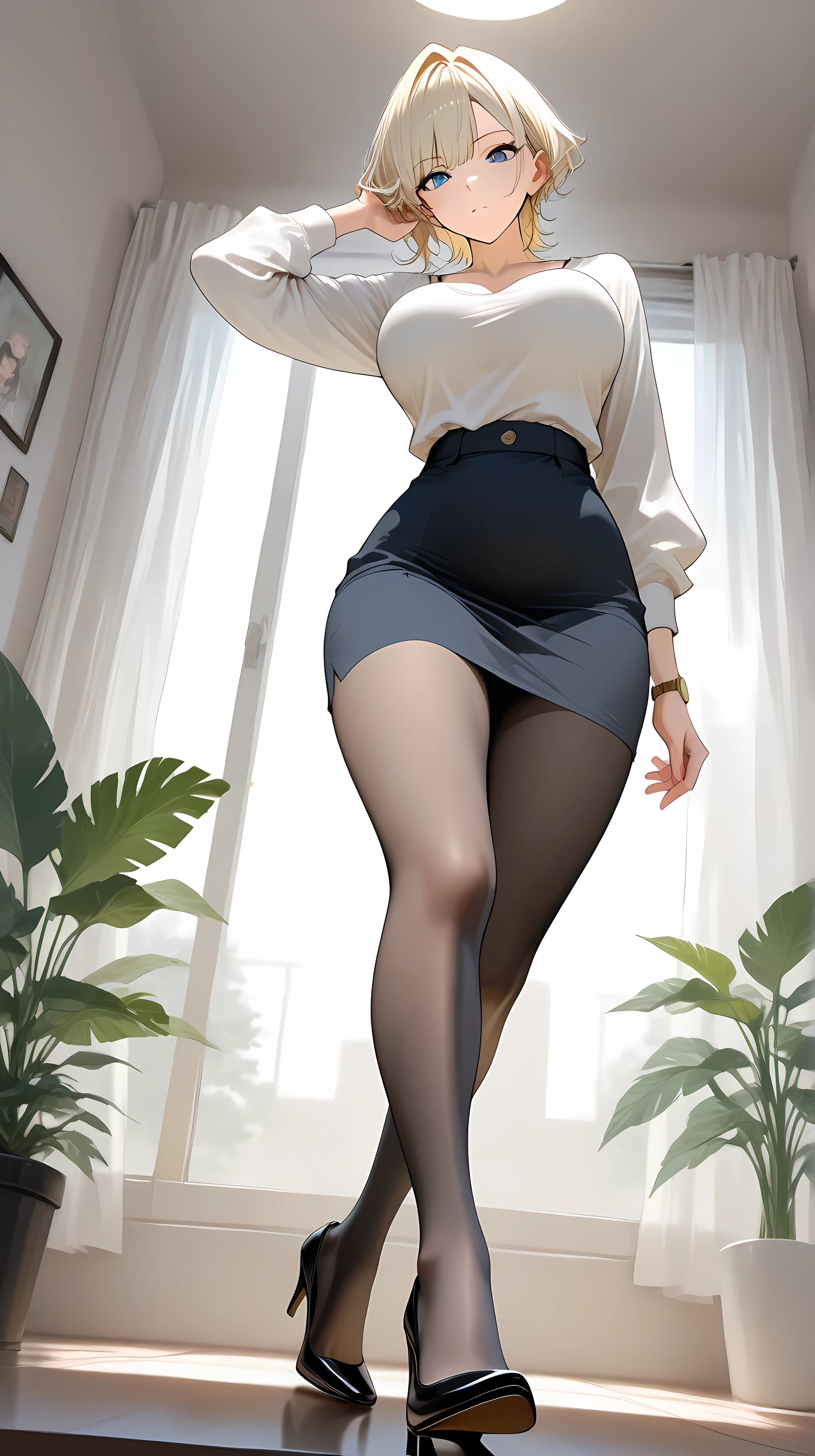 score_9, score_8_up, score_7_up, secretary, Perfect Eyes, perfect face, Ron Eye, cute eyes, medium boobs, blonde hair, Blonde, I applied it to my wavy hair, blue eyes, wolf cut hairstyle, short hair, Bang, Adult, tall, tight waist, wide hips, cute, solo (Sexy Photo Shoot), (masterpiece, Highest Quality)
white casual top with minimal shadows, jersey top , long sleeves, Tight Top, Disconnect, Round Neckline, round Disconnect, black pencil skirt, black pantyhose, black high heels
Charming beauty, blushed, watch viewers,
seated, white hair, hanging shoes, foot
office background, ベッドにseatedデスク, chairs, plant, window, low angle view, view from below
