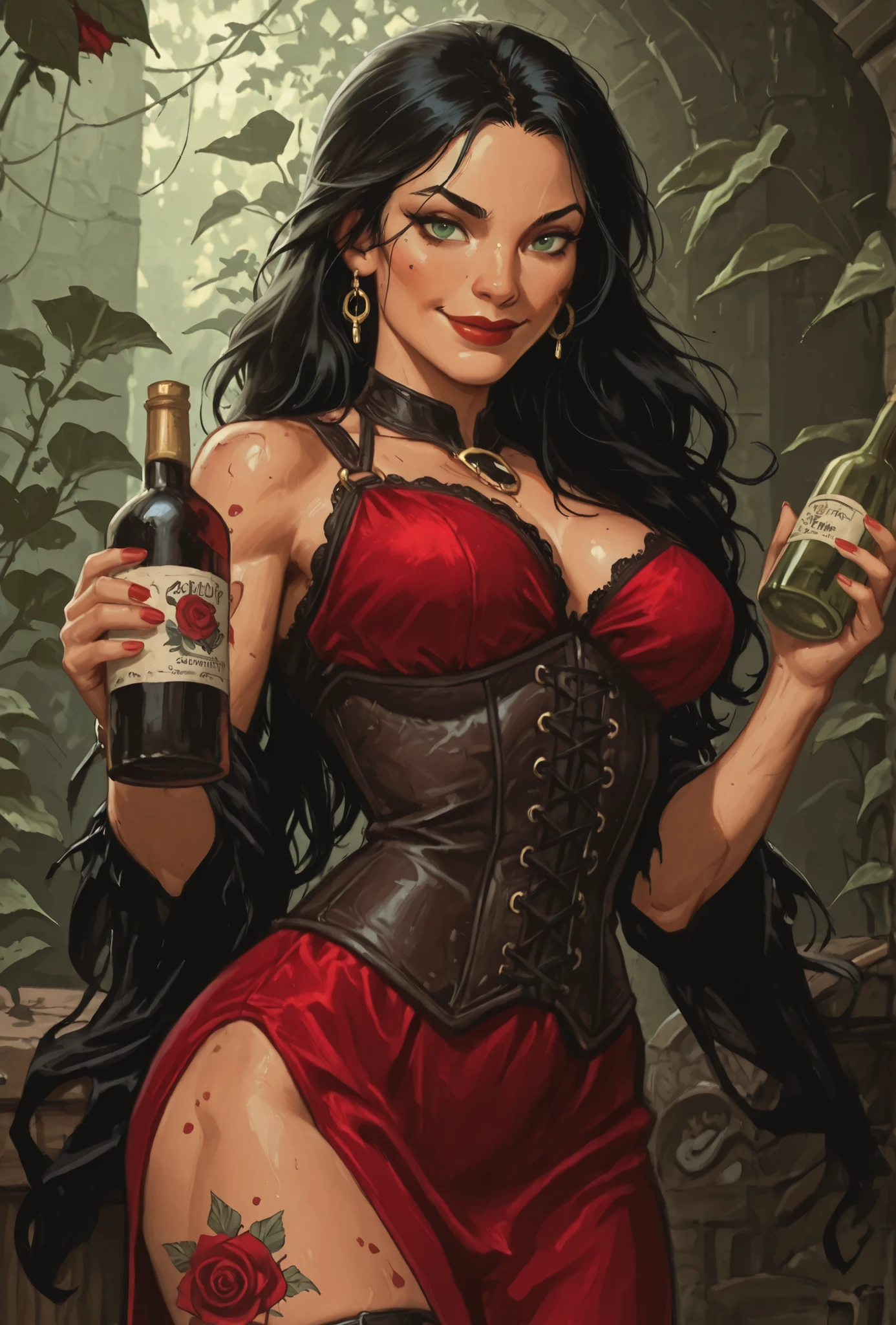 Drawn like the artist Bob Kehl. She looks like Rose from Street Fighter V. She has a bright smile on her full red lips. Soft features. She smiles clever-ly. She winks at the viewer. She has long black hair, toned skin and a red rose tattoo on her thigh. Well-endowed, green eyes, athletic body. Slender. Se wears a red silk dress with a black leather corset. Atmospheric lighting. Box-art. DnD-art-style, oil painting. Looking at the viewer. Background: Spanish medieval ruin, hdr colours,