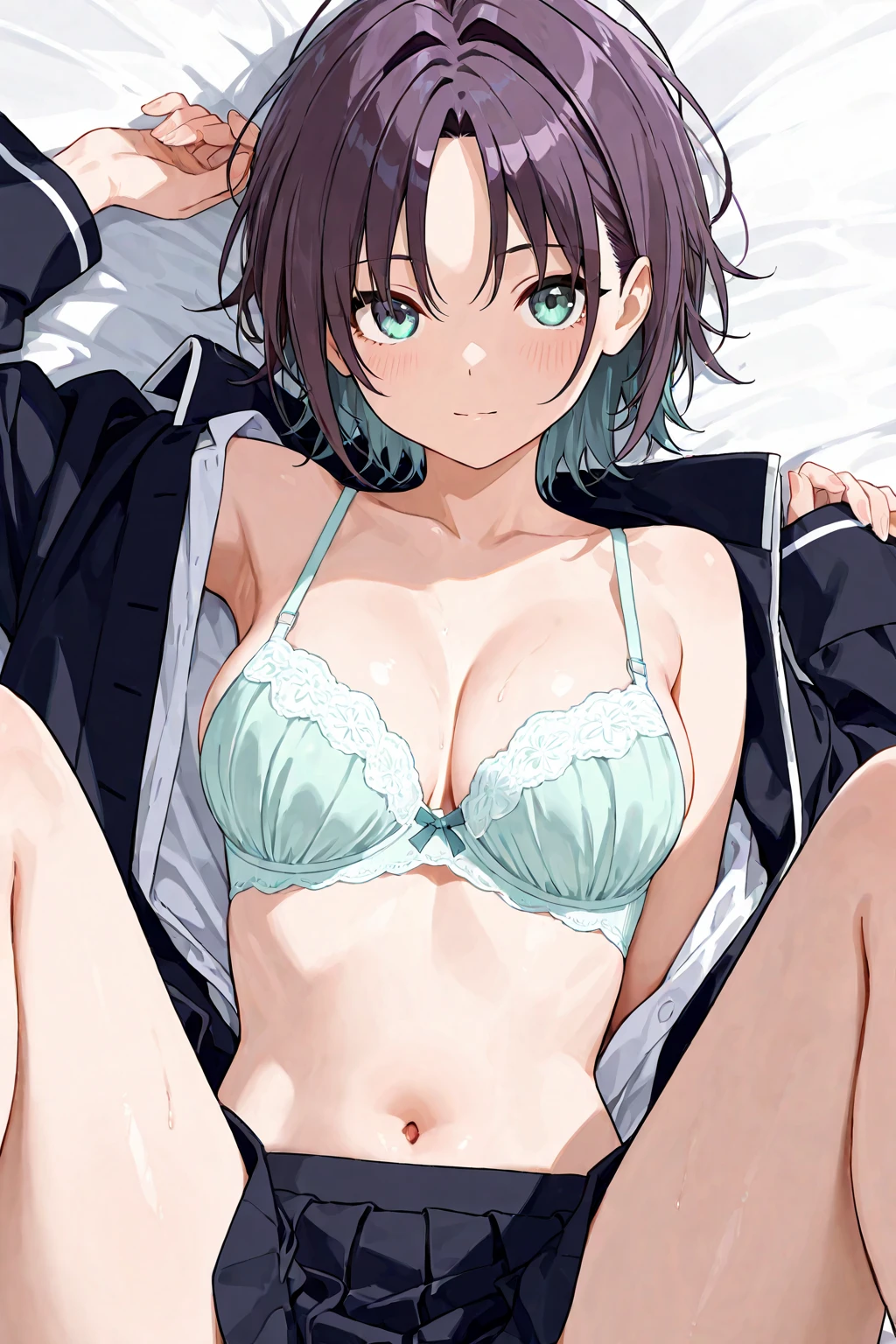 ????,1boy,1girl,???????????,Lying down,A dark-haired,bared  ?????,Striped ??????,Cat ears,Green eyes，Striped socks,Light blue Lolita,Top image quality,Best Quality