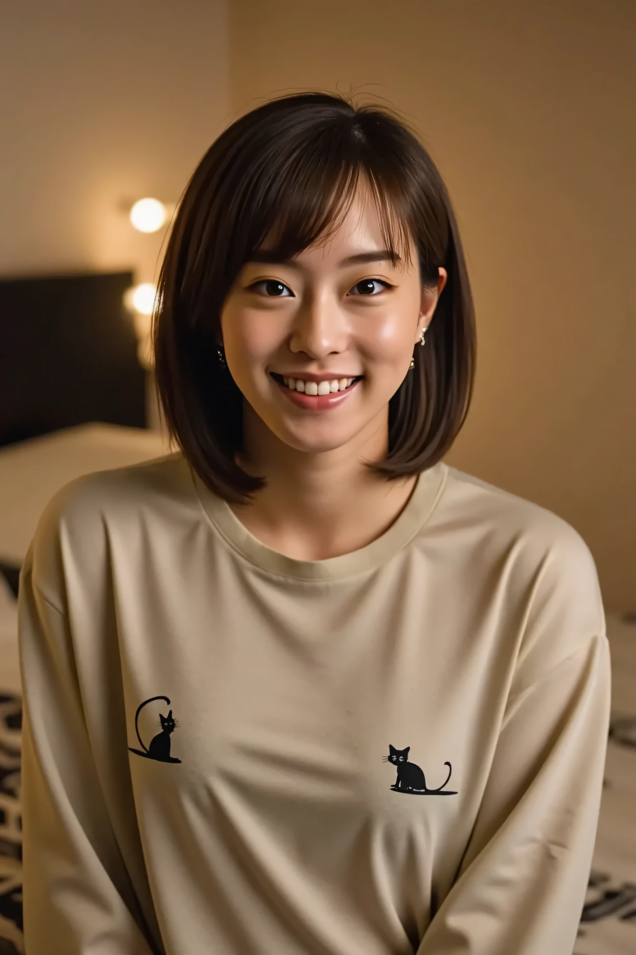 (masterpiece, best quality:1.2), 1girl, solo, Focus on face, she wears a pajamas with a black cat picture, in her room, while smiling,